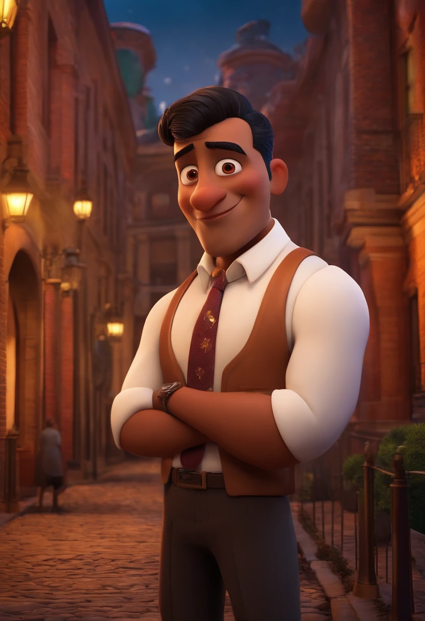 A city councilman looking at a dream project inspired by Pixar animation, de perto. The character takes center stage with captivating facial expressions, oferecendo um toque de irrealidade