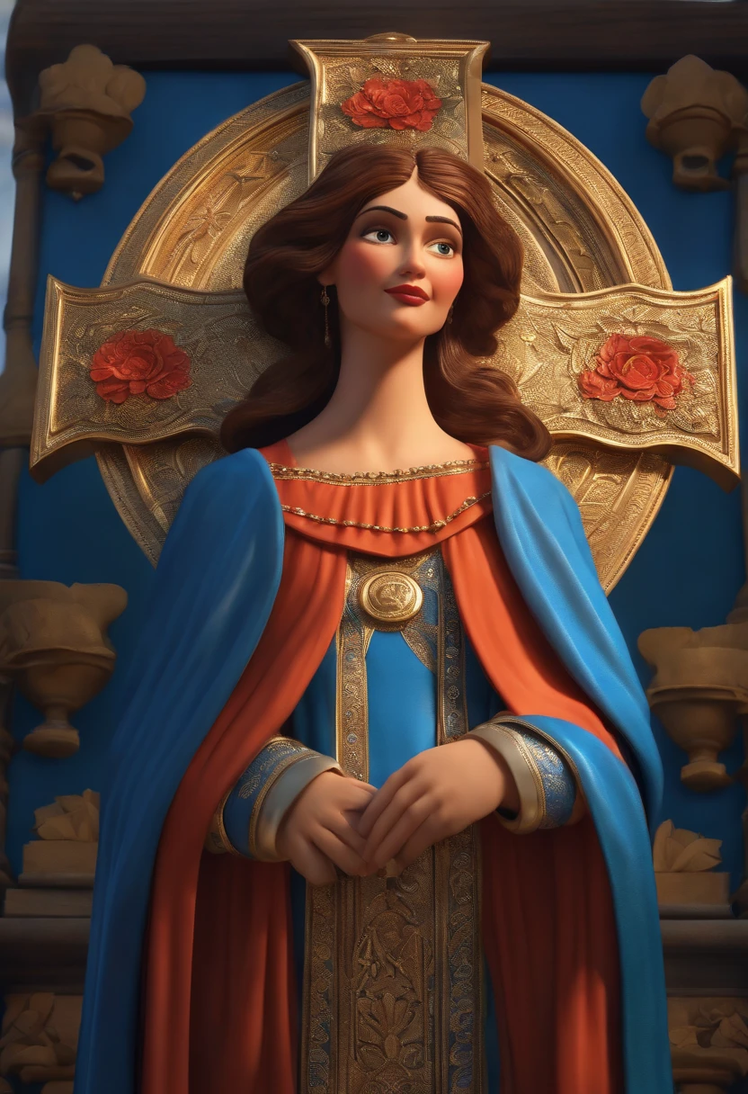 "(best quality,ultra-detalhado,Realistic:1.37),3D rendering,illustration,design de personagens,cabelos curtos e cacheados escuros,belos olhos detalhados,usando vestido de religiosa azul bem escuro, with crucifix around his neck,Estilo Pixar,morena mulher,Dancing on the Disney stage,atmosfera animada,vivid colors,luzes de palco,expression joyful"