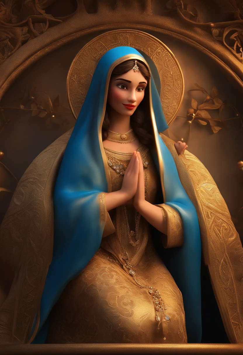 "(best quality,ultra-detalhado,Realistic:1.37),3D rendering,illustration,design de personagens,cabelos curtos e cacheados escuros,belos olhos detalhados,usando vestido de religiosa azul bem escuro, with crucifix around his neck,Estilo Pixar,morena mulher,Dancing on the Disney stage,atmosfera animada,vivid colors,luzes de palco,expression joyful"