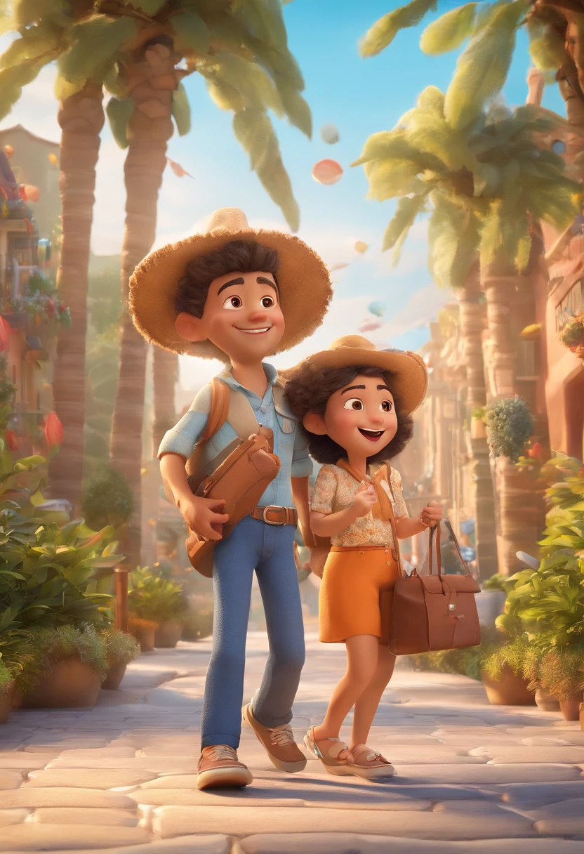 Cartoon of friends having fun on vacation together, 3D Animation Movie Poster, Poster de filme animado, pixar 3 d animation style, pixar renderman rendering, maia 8 mil, animated film, Disney Pixar Estilo 3D, amigos felizes saem juntos, all wearing light blue shirts and cream brown long pants, camisa azul clara, cream brown pants, ao ar livre, vacation, Disney Pixar Animation Poster