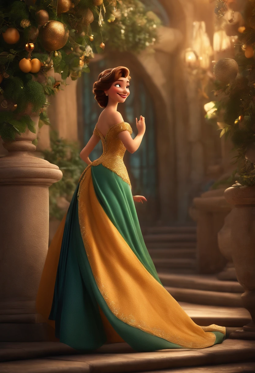 "(best quality,ultra-detalhado,Realistic:1.37),3D rendering,illustration,design de personagens,cabelos medio e cacheados escuros,belos olhos detalhado na cor verde,Estilo Pixar,morena mulher,Dancing on the Disney stage,atmosfera animada,vivid colors,luzes de palco,expression joyful, em Paris”