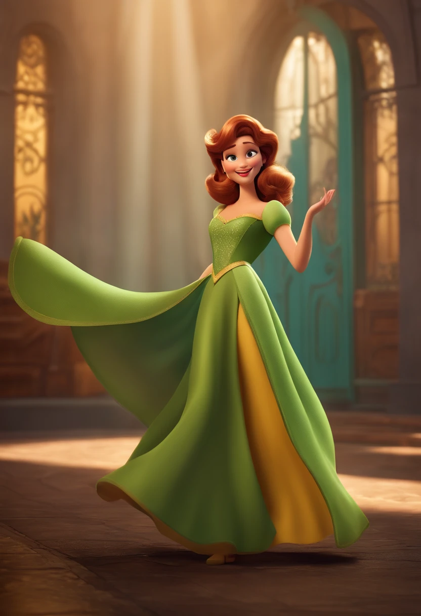 "(best quality,ultra-detalhado,Realistic:1.37),3D rendering,illustration,design de personagens,cabelos medio e cacheados escuros,belos olhos detalhado na cor verde,Estilo Pixar,morena mulher,Dancing on the Disney stage,atmosfera animada,vivid colors,luzes de palco,expression joyful, em Paris”