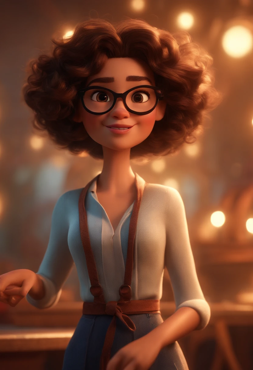 Pixar style image with 3D character white glasses brunette woman short curly hair dancing, Maquiagem Disney,Pescador, bonitinho, sorridente ,Close-up, Pixar, Disney, Cinema lighting,