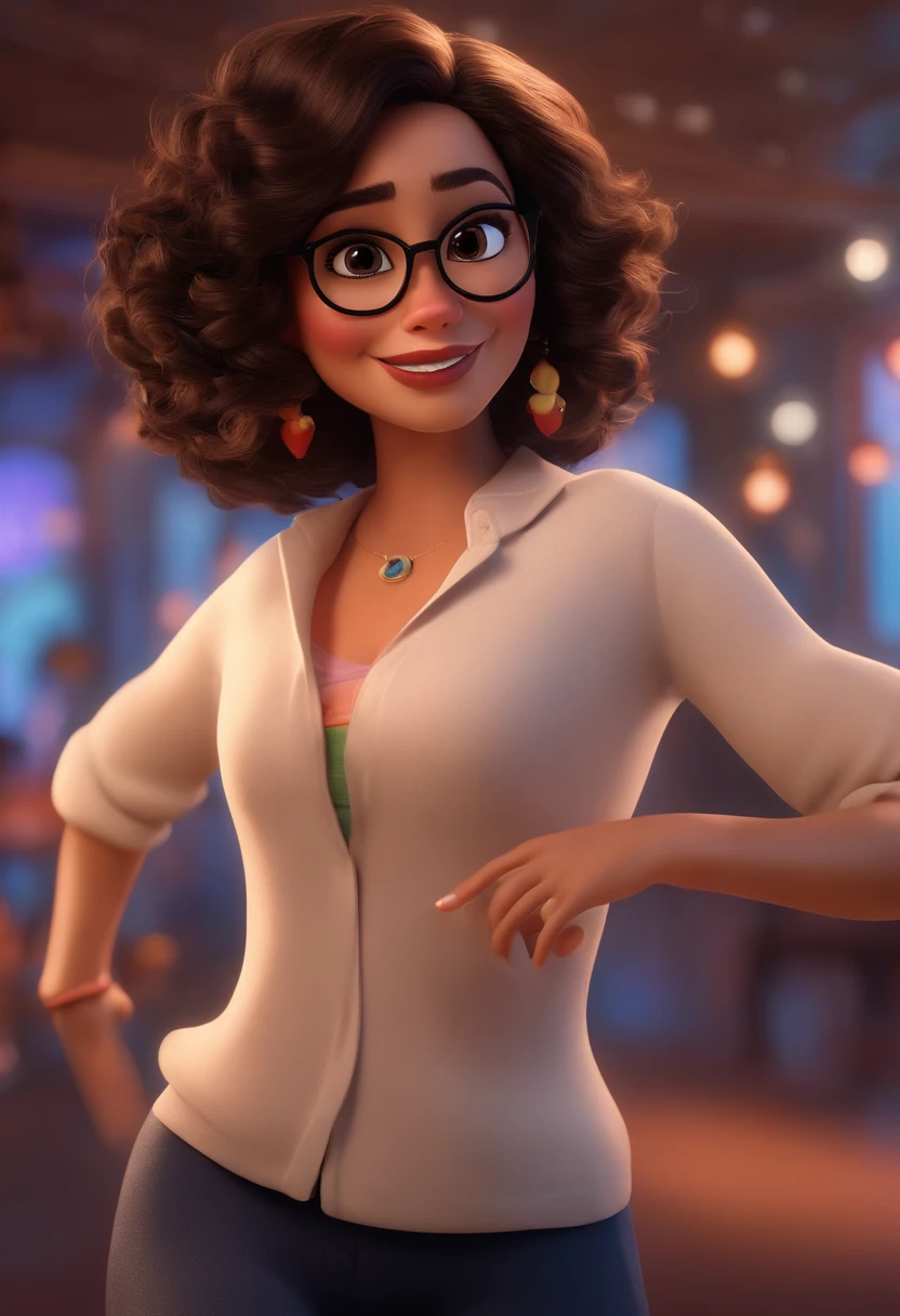 Pixar style image with 3D character white glasses brunette woman short curly hair dancing, Maquiagem Disney,Pescador, bonitinho, sorridente ,Close-up, Pixar, Disney, Cinema lighting,