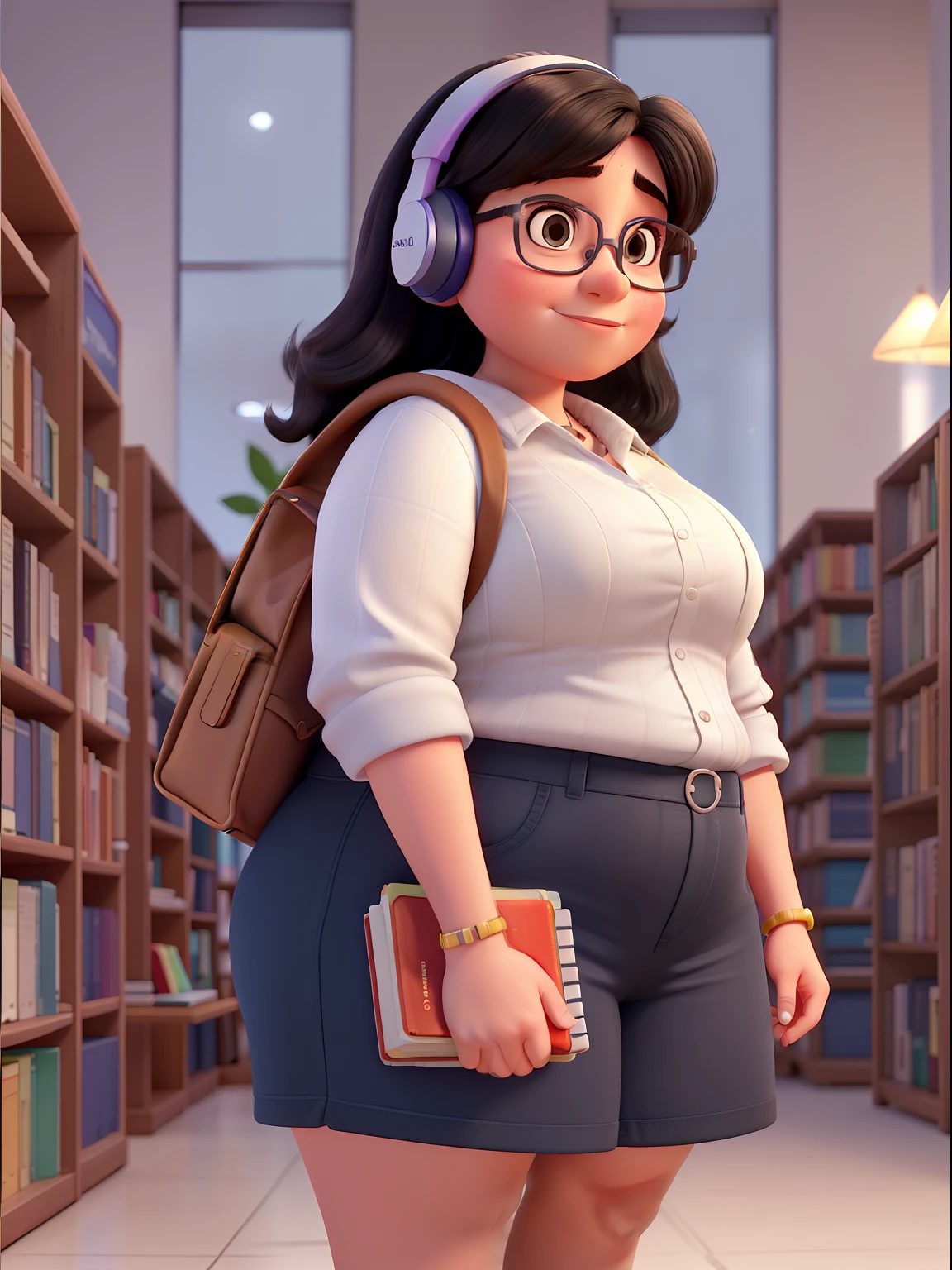 I'd like a 4K 3D animation in the style of Disney Pixar. The character is a chubby 22-year-old woman with black hair, encaracolado e na altura dos ombros. eyes are dark brown. The character's body is fat, com seios grandes. She wears clear square glasses. The mouth is fleshy and the skin color is white. The background of the animation is a library, where the character is carrying books and wearing headphones, illuminated by the light of a lamp, contra o pano de fundo de uma biblioteca