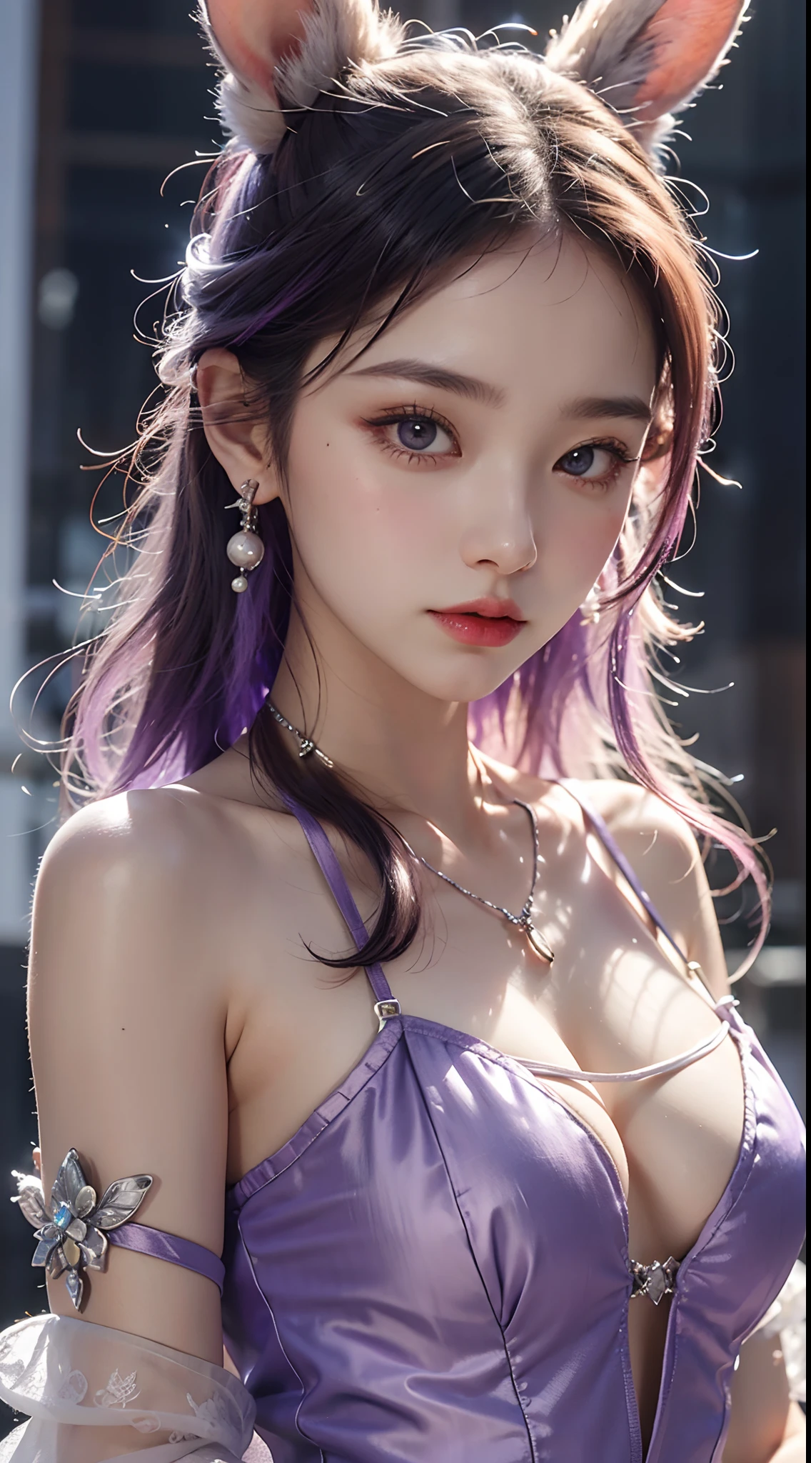 1 beautiful girl in Han costume, Thin purple silk shirt,white colors,The texture is diverse, white lace top, long platinum purple ponytail, hair adornments, ear jewelry, light purple rabbit ears, necklace and necklace, meticulously drawn large purple eyes, meticulous makeup, Thin eyebrows, High nose, lovely red lips, Without smiling, pursed lips, rosycheeks, Wide breasts, Big breasts , well-proportioned bust, Slim waist, purple mesh socks, chinese hanfu style, fictitious art textures, vivid and realistic colors, RAW photos, Realistic photos, ultra high quality 8k surreal photos, (effective fantasy light effect: 1.8), 10x pixel, Magic effects (Background): 1.8), Super detailed eyes, girl body portrait, ancient hanfu background,