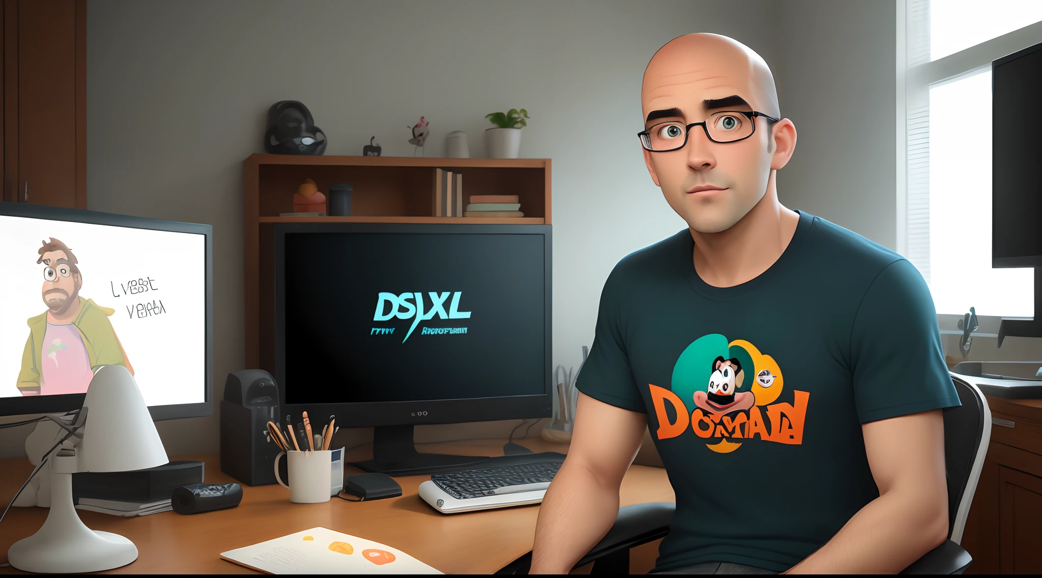 Make a Disney Pixar Style Picture, homem 35 anos, careca, oculos quadrado, olhos levemente puxados,  queixo fino, camiseta verde, estilo miniatura, sitting and behind it a monitor with a logo written Dahora Digital Graphic