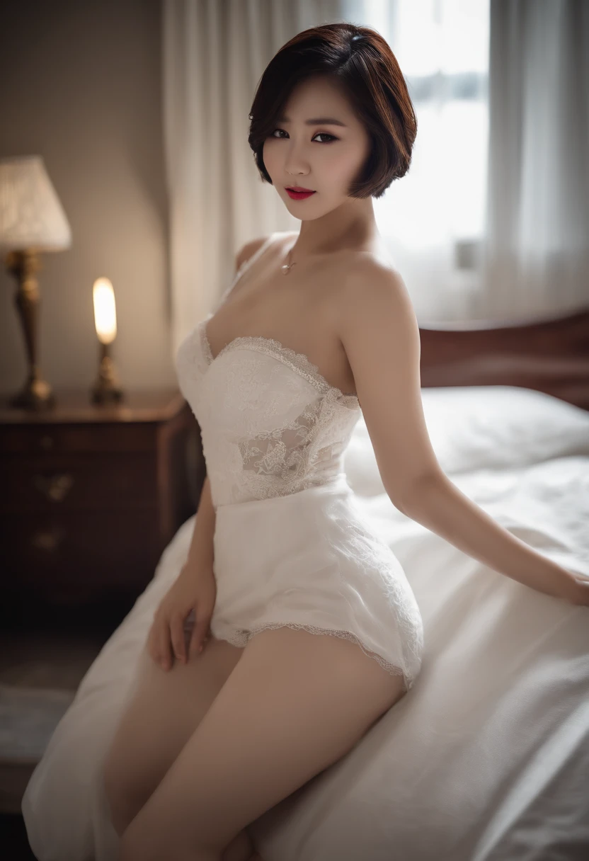 ((Aunt:0.9))、(Old face:0.9)、(Total slip:1.5)、(Plump and shiny lips)、((Beautiful Japanese 55 year old 、kneeling on a bed))、A smile、Laughing wrinkles、(((In detail luxury hotel、Beautiful western suite backdrop with luxurious décor)))、A very small bra with black and a very small string panties with black exposed、(Colossal tits)(flabbiness)、Beautiful legs、Gravure photography、Photo pose、(shining face、Sexy face、beautiful countenance)、Beautiful body lines、Wrinkles at the corners of the eyes、Shorthair、full body shot oe 55，Married women、real looking skin、photoreali、Detailed picture、high-level image quality、、Accurate images