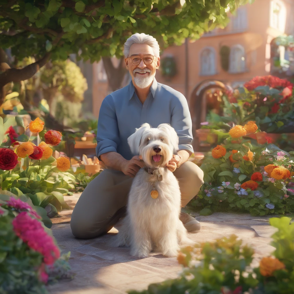 (lively garden scene,smiling man:1.1,63-year-old:1.1,friendly dog:schnauzer,relaxing,peaceful atmosphere),illustration,soft lighting,beautiful flowers,bright colors,vibrant greens,happy expressions,gentle breeze,crisp air,blissful moment,connection between human and pet