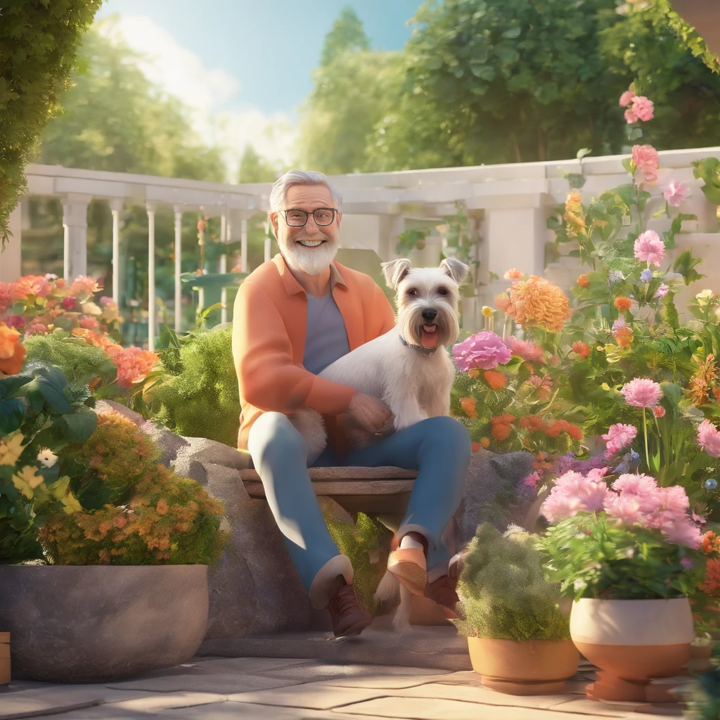 (lively garden scene,smiling man:1.1,63-year-old:1.1,friendly dog:schnauzer,relaxing,peaceful atmosphere),illustration,soft lighting,beautiful flowers,bright colors,vibrant greens,happy expressions,gentle breeze,crisp air,blissful moment,connection between human and pet