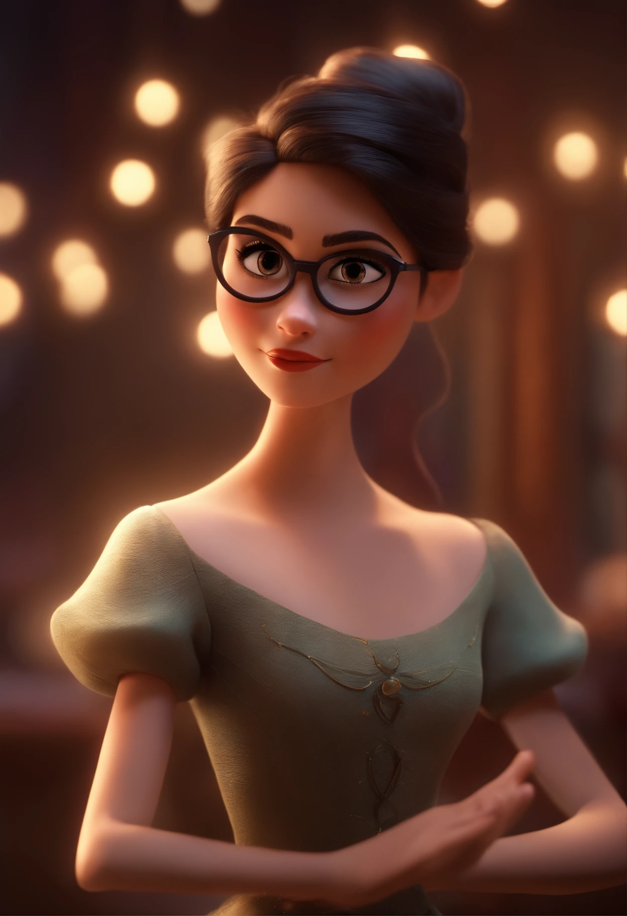 Pixar style image with 3D character white glasses brunette woman dark hair with blonde tips and long dancing ballet, Maquiagem Disney,bonitinho, sorridente ,Close-up, Pixar, Disney, Cinema lighting,