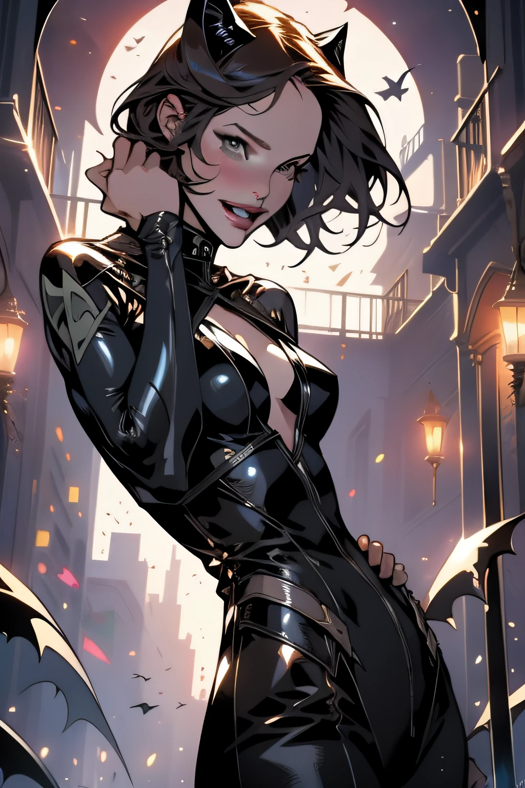 ((Jennifer Garner as Electra)), ((Angelina Jolie as catwoman)), (((as catwoman))), (((Simon Bisley))), Mature woman 35 years muscular gorgeous, holding a whiplash, very short black hair, wild with perfect body, wearing catwoman mask and outfit, sensual pose, pose with attitude, add movements, cleavage and small breasts, night sky of gothic city background