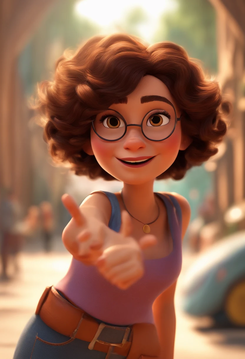 Pixar style image with 3D character white glasses brunette woman short curly hair dancing, Maquiagem Disney,Pescador, bonitinho, sorridente ,Close-up, Pixar, Disney, Cinema lighting,