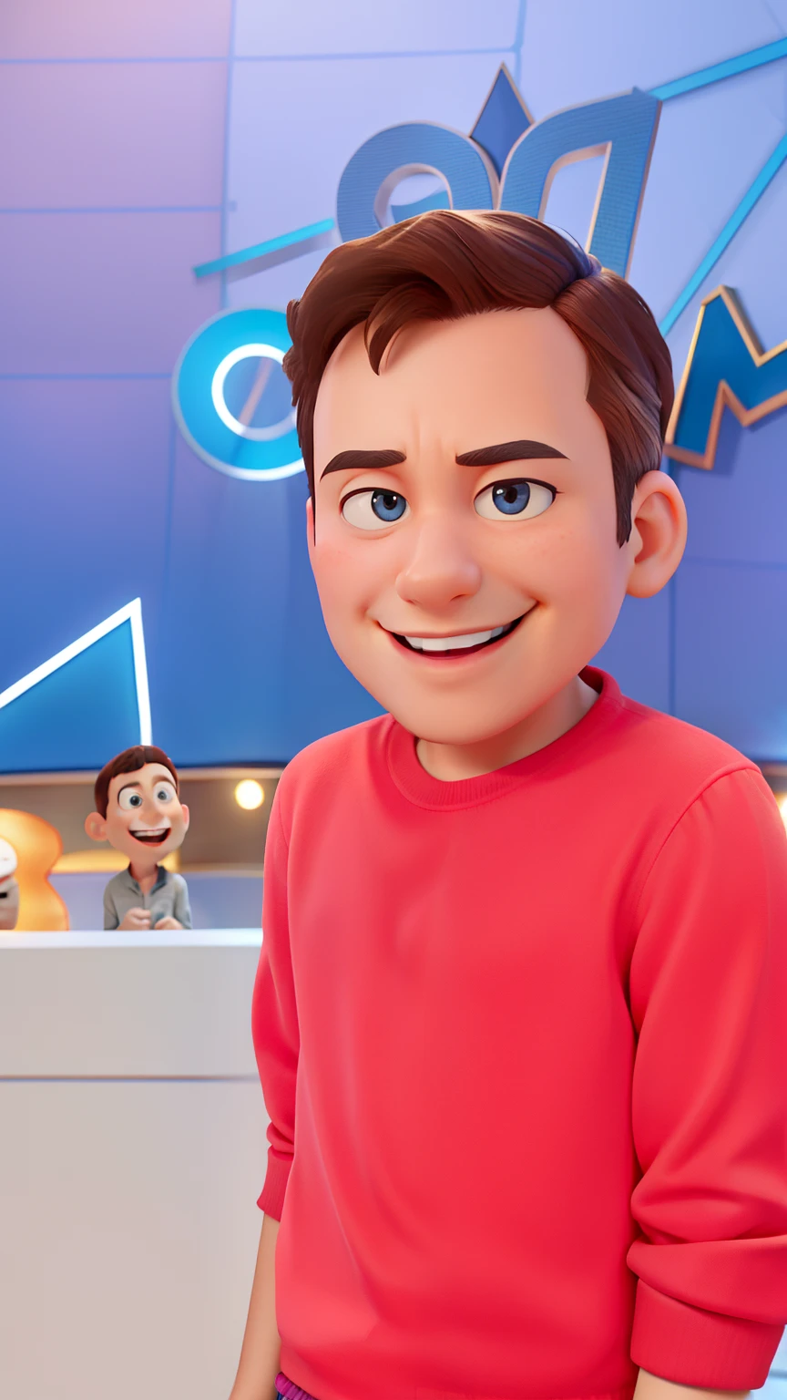 imagem estilo Pixar, as a television presenter on a Game show stage , with a very asthmatic and smiling face ,  In the background, an image of the logo of the program written on Domingo Legal, in a triangle with lights . A imagem deve se parecer muito com personagens  Disney