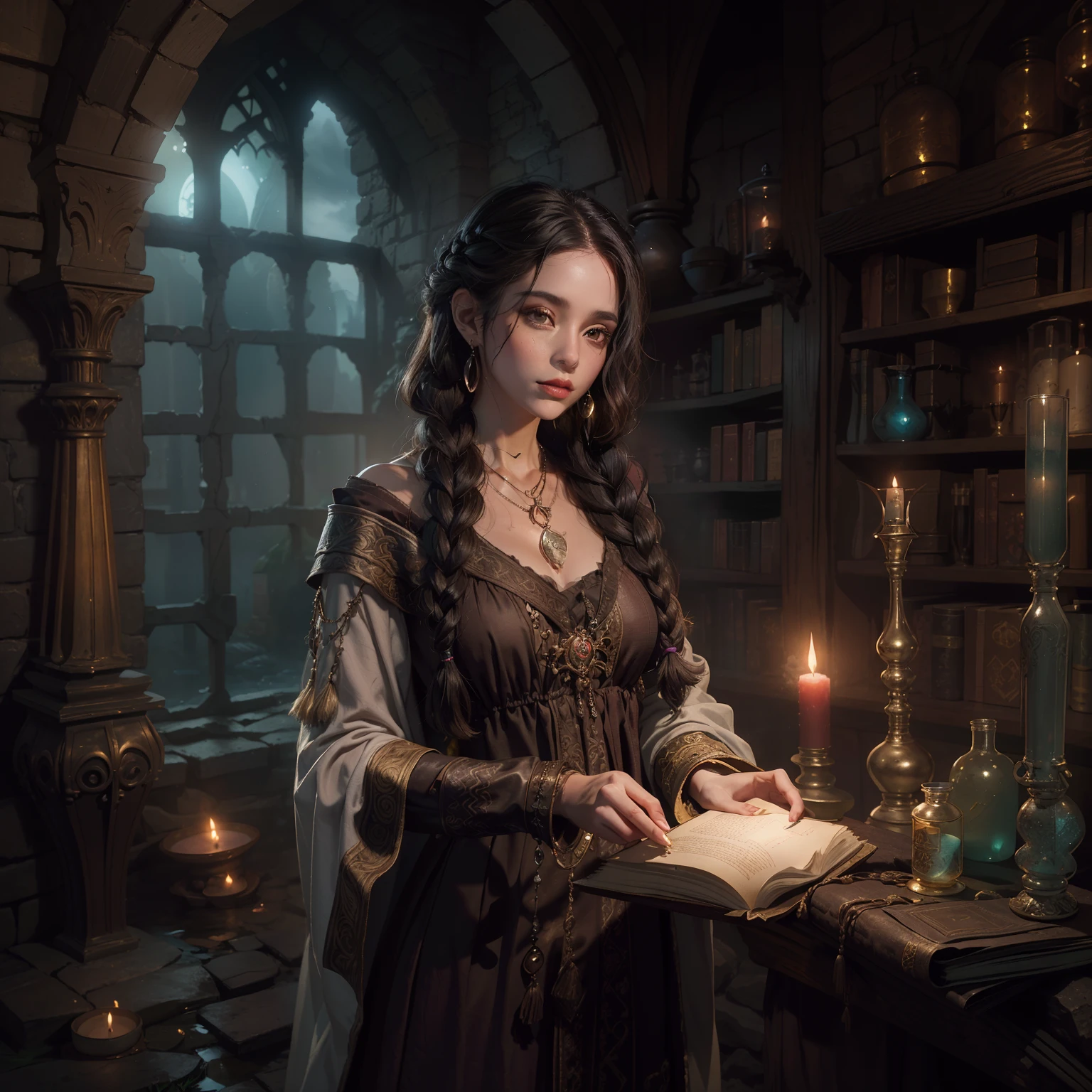 Numerous award-winning masterpieces, with incredible detail, textures and maximum detail, young black Woman in long dress , Portrait of a female wizard, Female occultist, Female clergy, Portrait of a female necromancer, Portrait of a female magician, Female magician, (Night View), Female necromancer, Female wizard, Medieval woman, Female sorceress, Gentle eyes, (She has a mischievous smile on her face), Friendly and girlish face, Glass earrings on the ears, She holds an old leather-bound book of magic in her hand, ((((Full-length portrait)))), ((((full-body standing image)))), ((((gives full-body standing image)))), (Around her neck is a simple necklace of exquisite workmanship), She holds an old leather-bound book of magic in her right hand, She has a small hanging lantern in her left hand, ((dark curly hair parted and down in two braids)), (((Sober modest cloth dress with elegant embellishments))), reddish brown braided sandals, (((Cloth dress))), ((She drapes a worn out cloak over her shoulders)), ((looks up)), ((looking down)), (Alchemist's room), (Alchemist's workshop), (Alchemist's laboratory), (Ruins of an old castle), (Ruins of an ancient castle), (Deserted ruins), (crumbling ruins), (Ruins with clear puddles), (Ruins with clear ponds), (Ruins with clear calm water), (Old ruins with clear water), (twilight), (sunset), (dusk), (wavelets),(ripple on water),(running water)