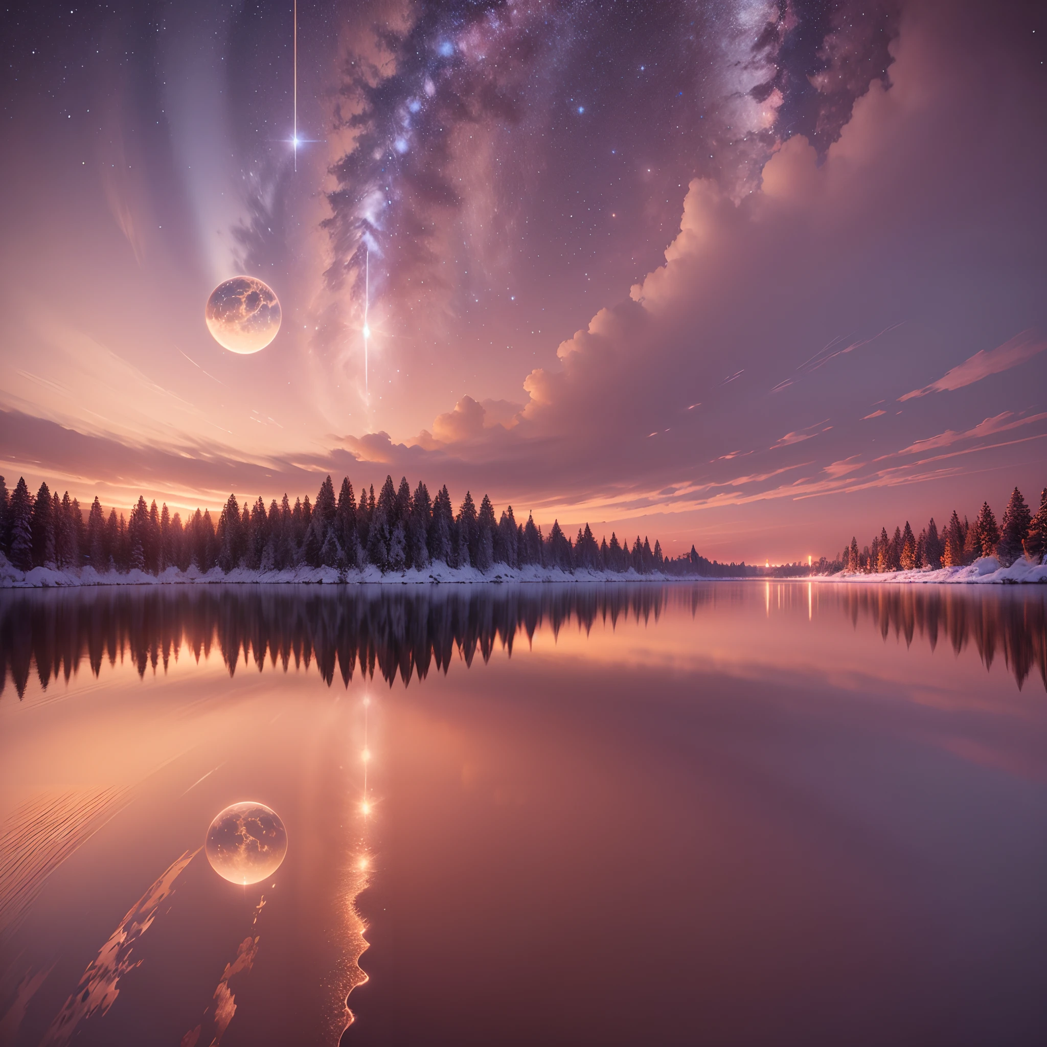 this is surreal and complex cg rendering transparent, snow light, night, round bordeaux red light, cg3d effect, body light, sky, super wide angle, golden reflection, starry sky, super shocking reality that affects complex details 8k, marc adamus landscape photography, stereoscopic light in real life, symmetry, 8k high definitio --auto --s2