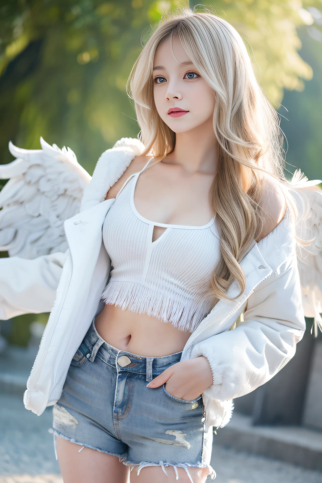 1girl in, medium breasts, Blonde hair, Long hair, Wavy Hair, grey eyes, wings with white feathers, Angel, Outdoors, White jacket, Perfect figure,fullbody image,Tank top, jeans,