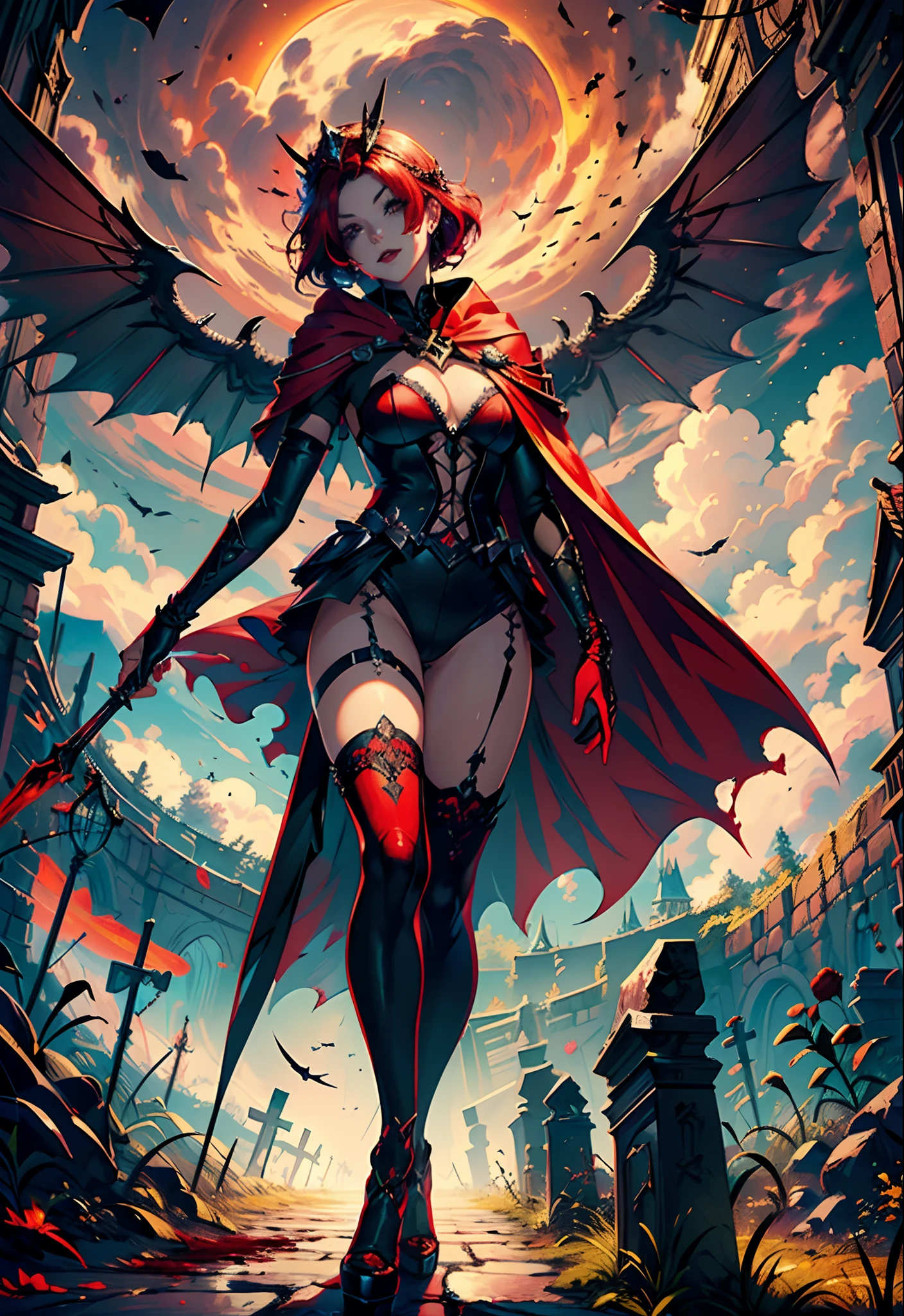 (((Best quality))), (((Ultra detailed))), (((Masterpiece))), illustration,(The dark red blood cloud floats in the air,the red bat,Blood magic),1girll,Sex life, Perfect face,One of her hands waved a whip, voluminetric lighting,sexy girl wowdk,Crazy smile,red blood rain, crow,graveyard, fantasy, underground castle, ((pastel colour, Night, Darkness)), Makeup, mascara,Translucent skin, halftone,Cloud,Light_Particle,eldenring\(malenia\) 1girll, winged helmet, Red cape, (malenia_Blade:1.3), covering eyes, Blood,Red hair,(cursed_Left_arm:1.3)