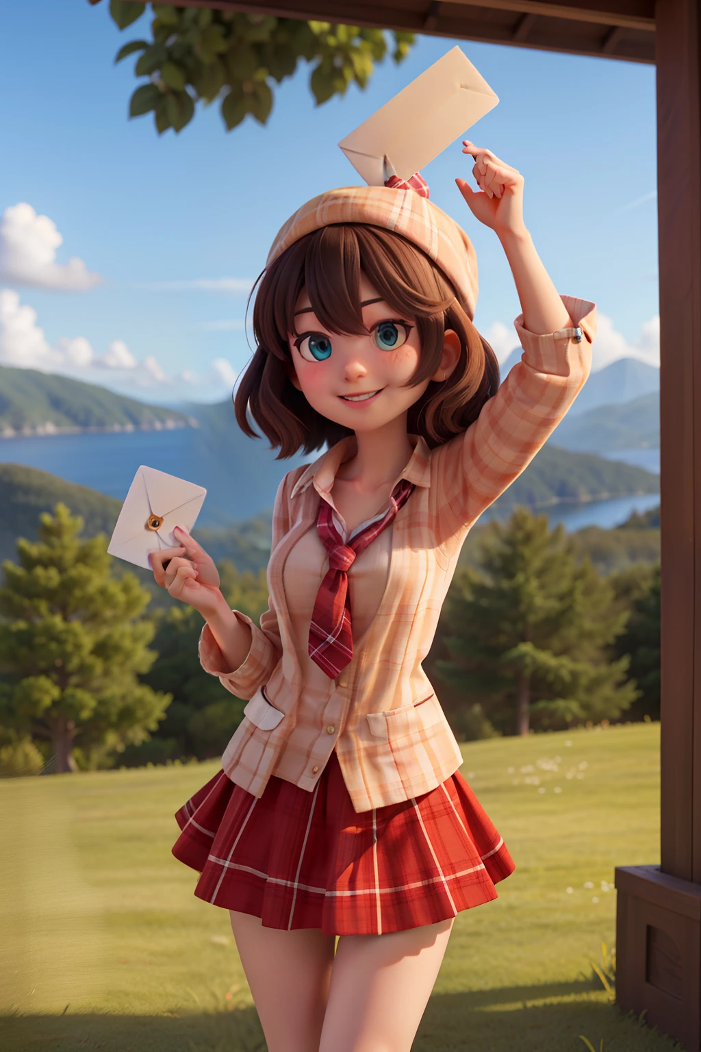 masterpiece, high quality best quality,1girl, bangs, beach, blue_sky, blush, bow, breasts, checkered, checkered_shirt, checkered_skirt, cloud, cloudy_sky, collarbone, day, envelope, giving, grass, hair_bow, heart, holding, holding_letter, horizon, incoming_gift, kazami_yuuka, leaning_forward, lens_flare, letter, light_rays, long_hair, looking_at_viewer, love_letter, mountain, mountainous_horizon, ocean, outdoors, plaid, plaid_background, plaid_bikini, plaid_bow, plaid_bowtie, plaid_bra, plaid_dress, plaid_headwear, plaid_jacket, plaid_legwear, plaid_necktie, plaid_neckwear, plaid_panties, plaid_pants, plaid_ribbon, plaid_scarf, plaid_shirt, plaid_skirt, plaid_vest, pov, shirt, skirt, sky, smile, solo, sun, sunbeam, sunlight, tree, unmoving_pattern