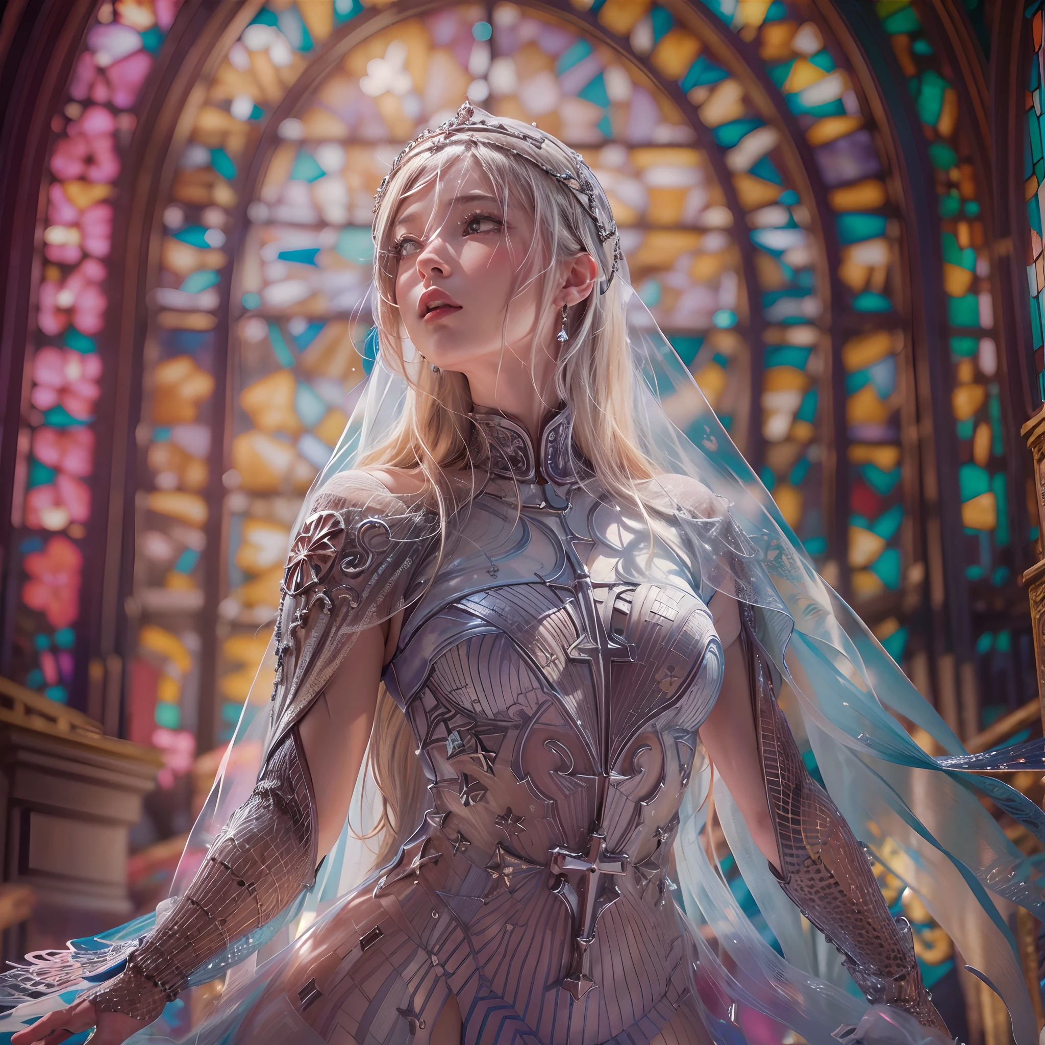 (((from below:1.2))), (((masutepiece:1.35))), (((8K))), (((hight resolution))), (((surrealism))), (((Cinematic lighting))), god rays, Zoom Layer, (((FULL BODYSHOT))), F/4.0, canon, Shiny skin,Detailed skin,Detailed face, Detailed eyes, Beautiful bride goddess, Churches in France, Royal Tiara, see-through wedding dresses, silver earing, In cross, Mystical sight, ((Light shines through stained glass))