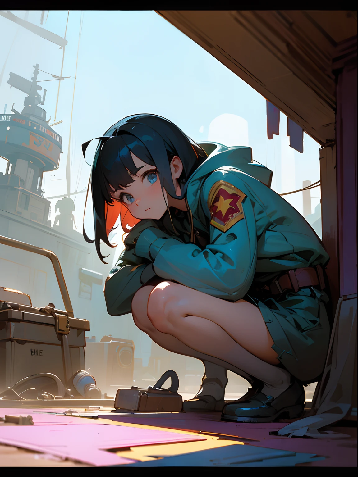 1young woman, solo, ,(((clean, crisp, soft detailed, best quality))), ,pose: crouching, scene: on the floor, ,background: messy bedroom, Atompunk, ,(centered), (view from front), ((facing viewer)), ,Digital art style, soft illustrative style, Peter Mohrbacher style, Tex_Avery Cartoon Cartoon cartoon illustration style, ,colorful, ⚡⛈❤ chaos