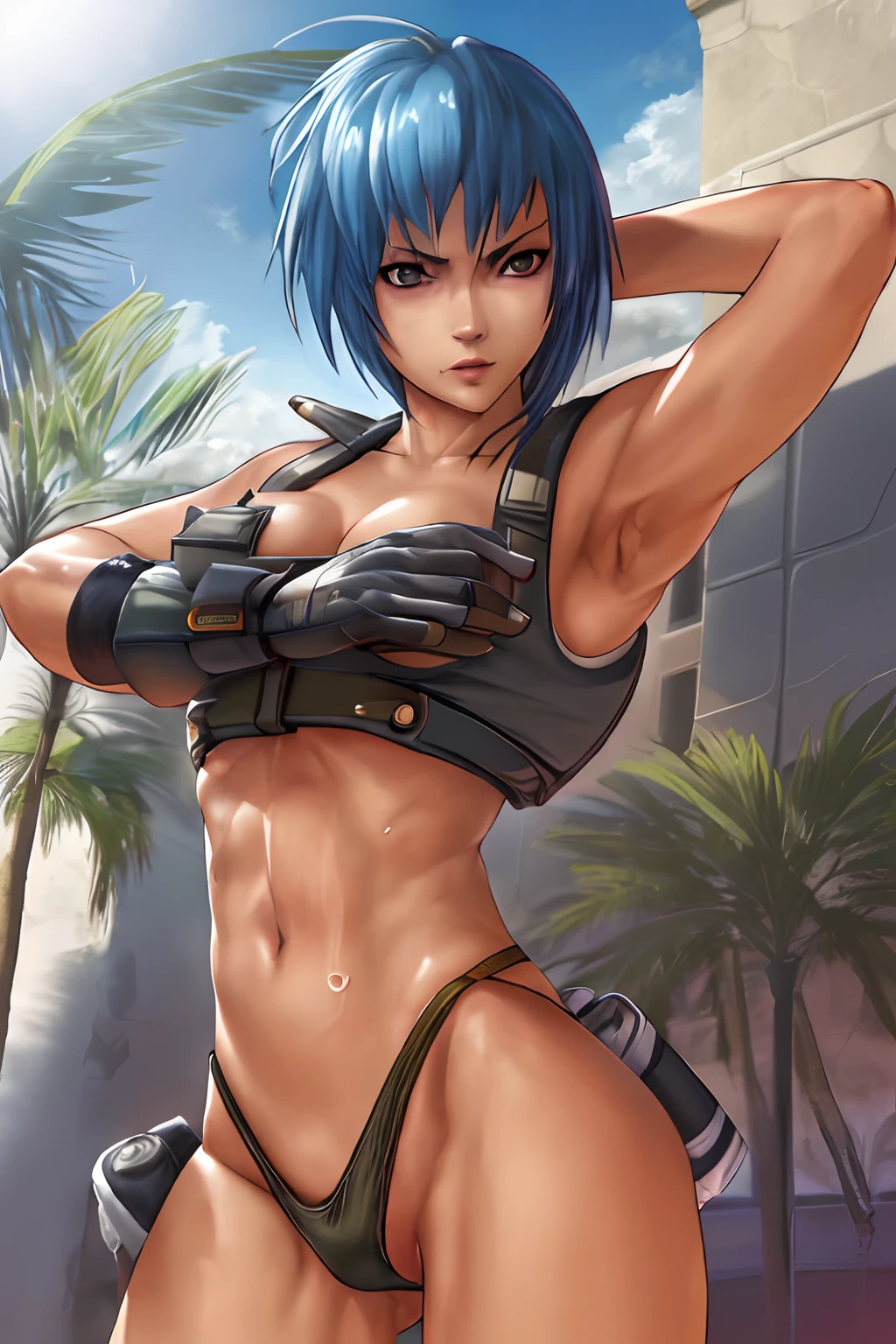 Best quality, masterpiece, naked, panty, serious, sexy pose, Sun, hot, dessert, wetting, tactical vest, leona from the king of fighters, coronel.