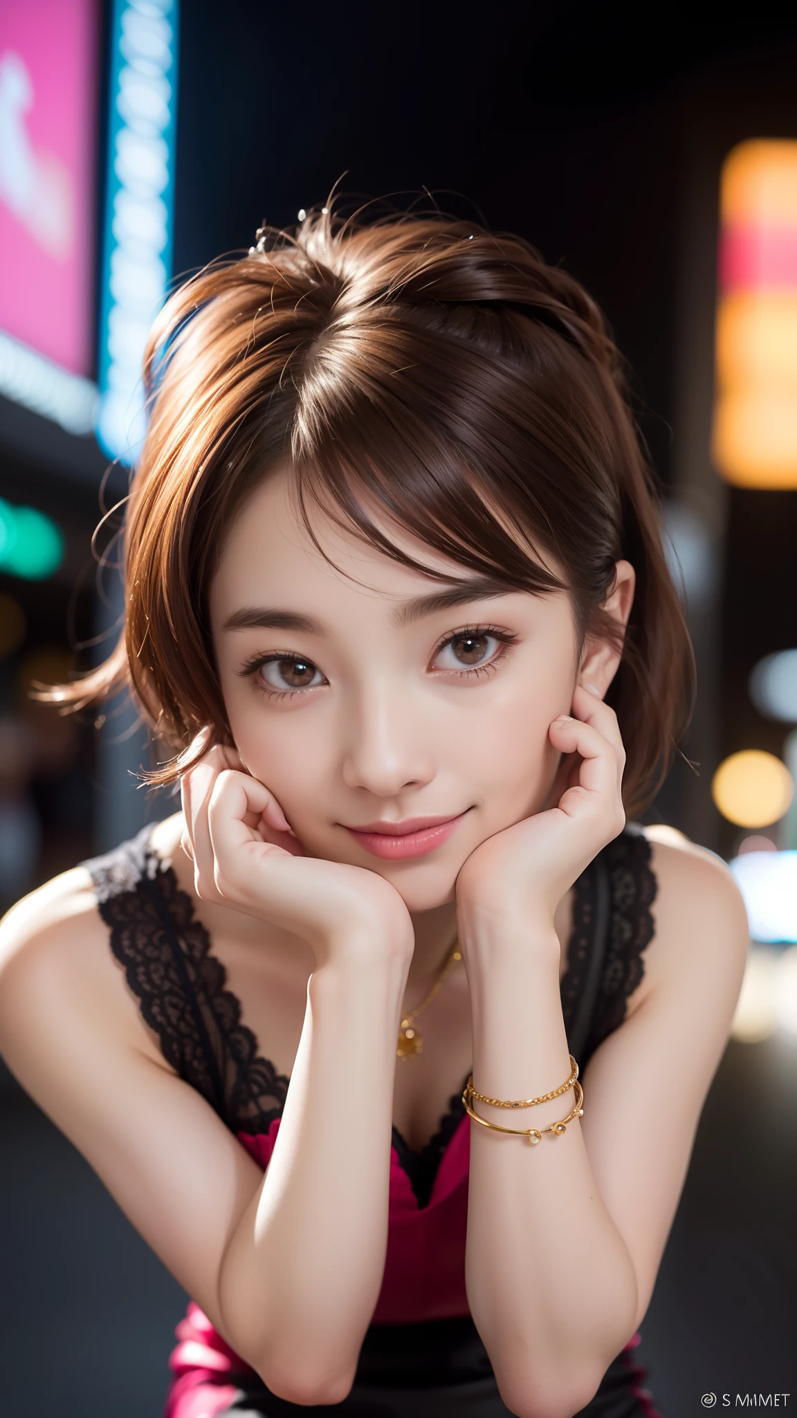 8K, masutepiece, Raw photo, Best Quality, Photorealistic, Highly detailed CG Unity 8k wallpaper, depth of fields, Cinematic Light, Lens Flare, Ray tracing, (Extremely beautiful face, Beautiful lips, Beautiful eyes), intricate detail face, ((Ultra detailed skin)) 1girl in, In the Dark, deepshadow, Pretty Korean girl, Kpop Idol, 1 girl, (Very slim and slender fit muscular body:1.3), ((Looking at Viewer)),(Big smile:1.3), (Hot Pink Color Blouse), (Sleeveless) , (Fashion City Night, a dark night, (Neon sign), (Blurred background), Fashion Street Night),(No people in the background:1.3), Beautiful earrings, Bracelets, Necklace, pantyhose, Clear eyes, Walking, (pale skin), (Big eyes), Face forward, ((upperbody shot)), ((silk color dresses:1.3)),(Brown hairs),((tight fit lace dress)), (laced dress), (see through), (Looking at Viewer:1.3) opened breast, Very slim, medium breasts, backtrack,((Back shot)), see through, Medium Butt