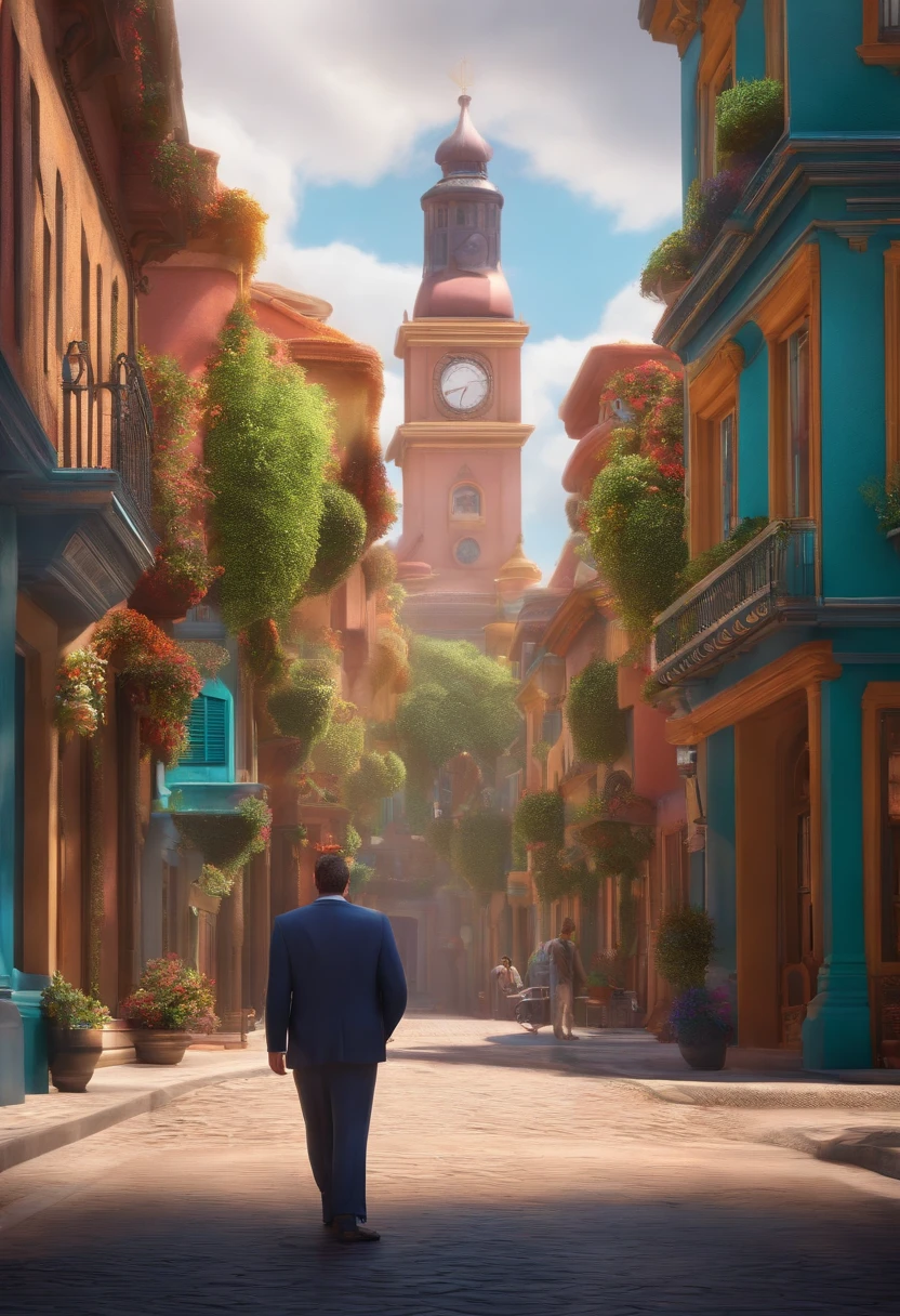 A city councilman looking at a dream project inspired by Pixar animation, de perto. The character takes center stage with captivating facial expressions, oferecendo um toque de irrealidade