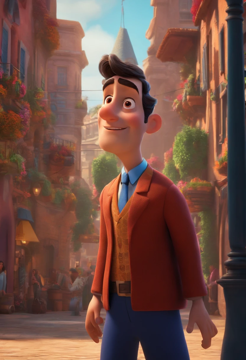 A city councilman looking at a dream project inspired by Pixar animation, de perto. The character takes center stage with captivating facial expressions, oferecendo um toque de irrealidade