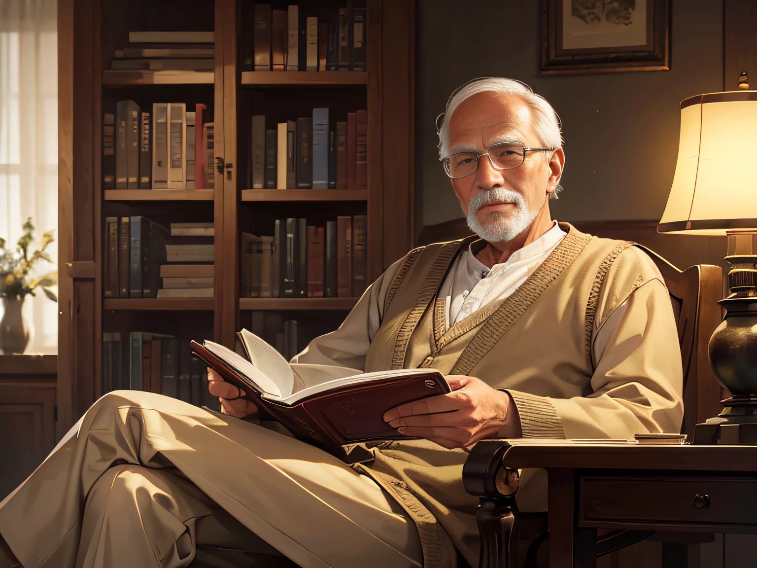 "An wise and loving grandfather is seated in a comfortable brown armchair, holding an open book in his hand. He wears reading glasses and elegantly crosses his legs. The surrounding scenery is filled with bookshelves, creating a warm and intellectual atmosphere. A sideboard next to him displays a lit lantern, providing soft and inviting light. The grandfather looks directly at the viewer with a gentle smile and an expression of wisdom in his eyes."