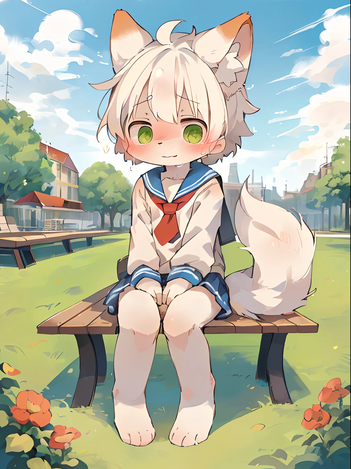 masutepiece, High quality, Absurd resolution, Digital Painting \ (The artwork \), By Dagasi, yupa, Kiyosan, (fluffy fur, White fur, Full body fur,), Male child,elementary student,独奏,One subject, Green eyes, White hair,I have a red school bag,1tail,Ears lowered,kawaii,Sweating,a sailor suit, Embarrassing,a miniskirt,Bare legged, Bright eyes,4 Other ,the panorama, Character Focus. Detailed background, cloud background,a park,Bench under the tree ,sitting on,pov from down,Sensitive