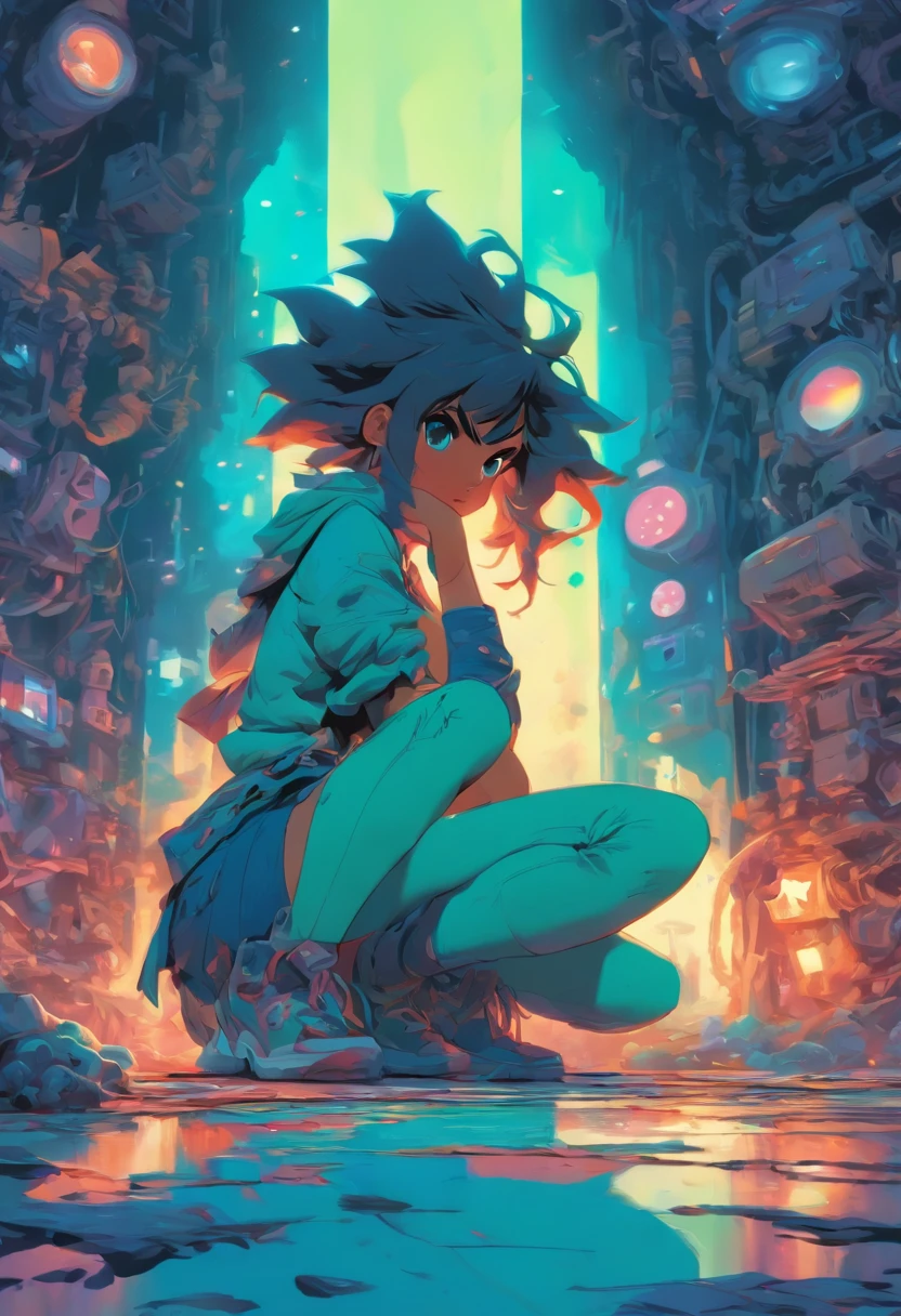 1young woman, solo, ,(((clean, crisp, soft detailed, best quality))), ,pose: crouching, scene: on the floor, ,background: messy bedroom, Atompunk, ,(centered), (view from front), ((facing viewer)), ,Digital art style, soft illustrative style, Peter Mohrbacher style, Tex_Avery Cartoon Cartoon cartoon illustration style, ,colorful, ⚡⛈❤ chaos