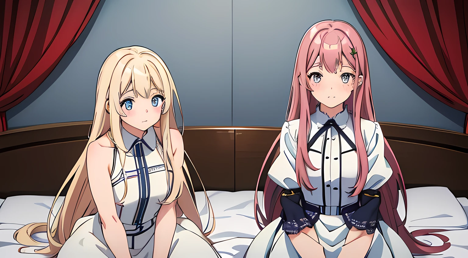 2 girls, (beautiful eyes finely detailed, long hair with different colors), wearing different outfit, sit on the bed, full body, teasing facial expression, looking at the camera, blush on their face, bedroom, master piece, sidelighting, top-quiality, detailed, High Resolution anime illustration