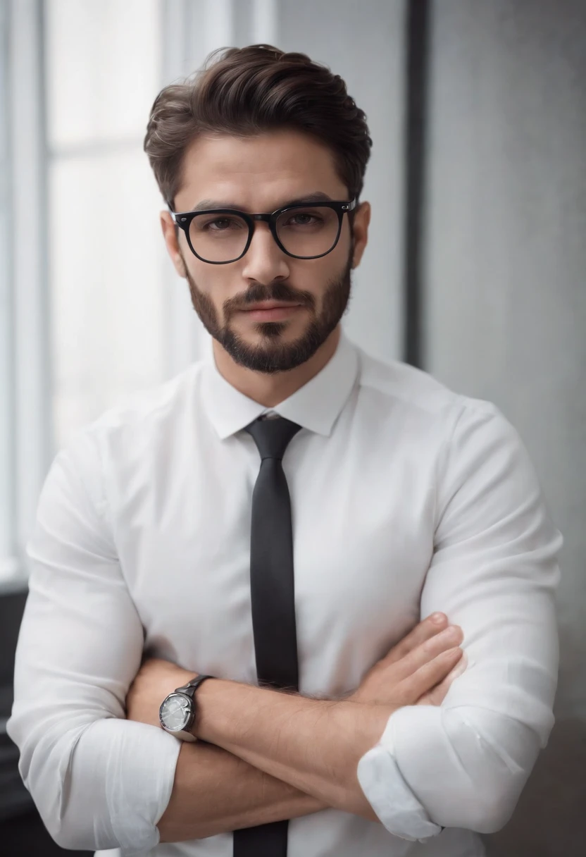 Homem branco de terno preto, cabelo preto, barba preta, Black glasses, white shirt and arms crossed