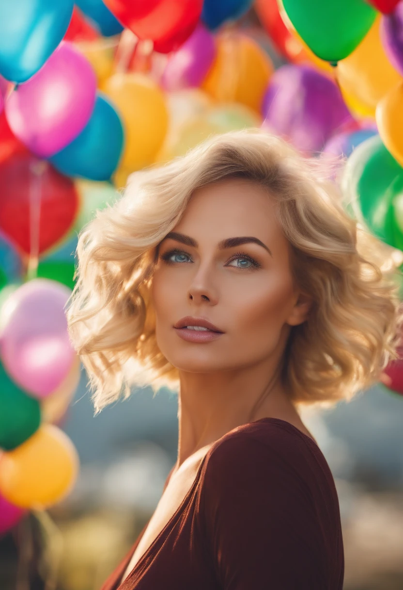 A blonde woman with tied hair and green eyes around many colorful balloons