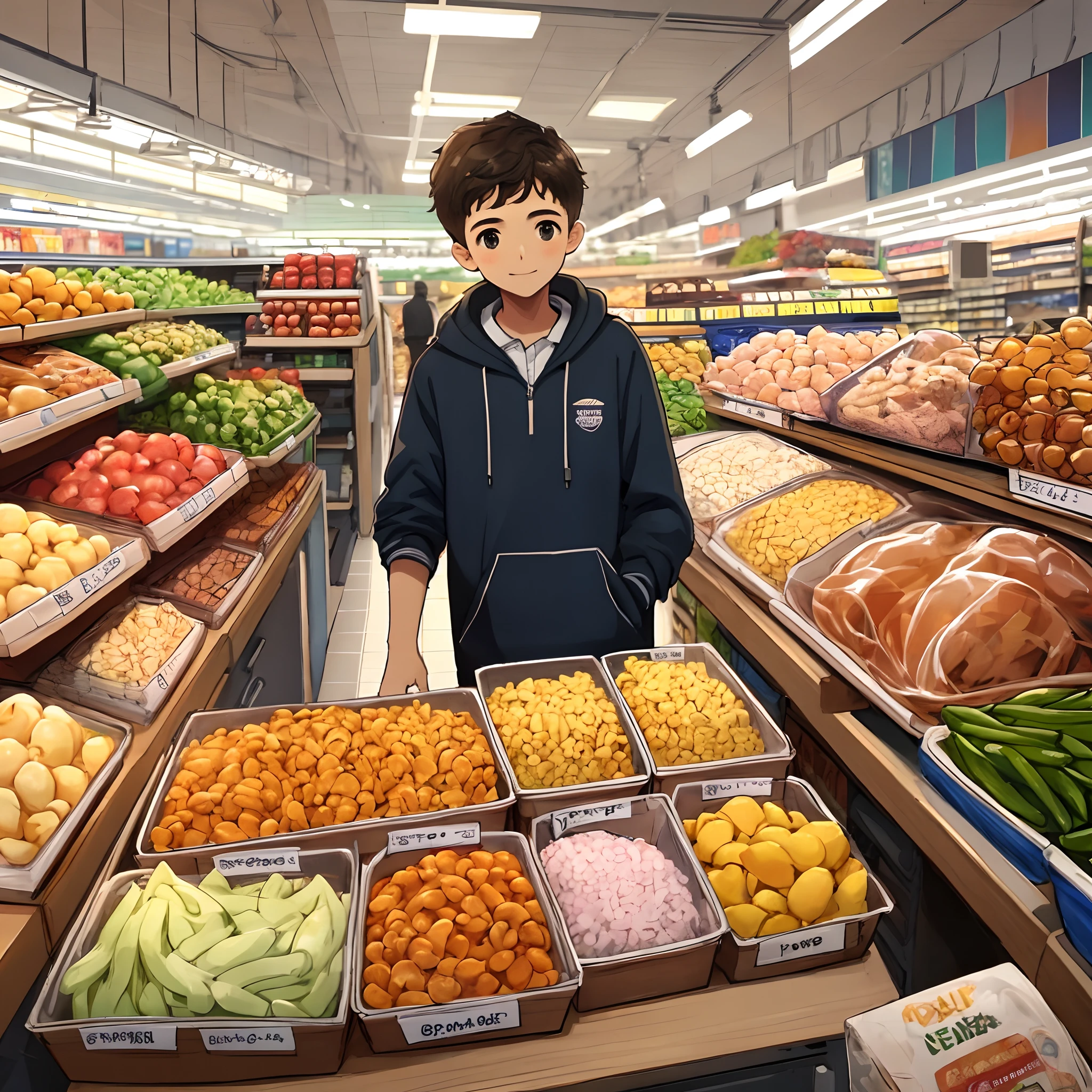Menino em um caixa de supermercado