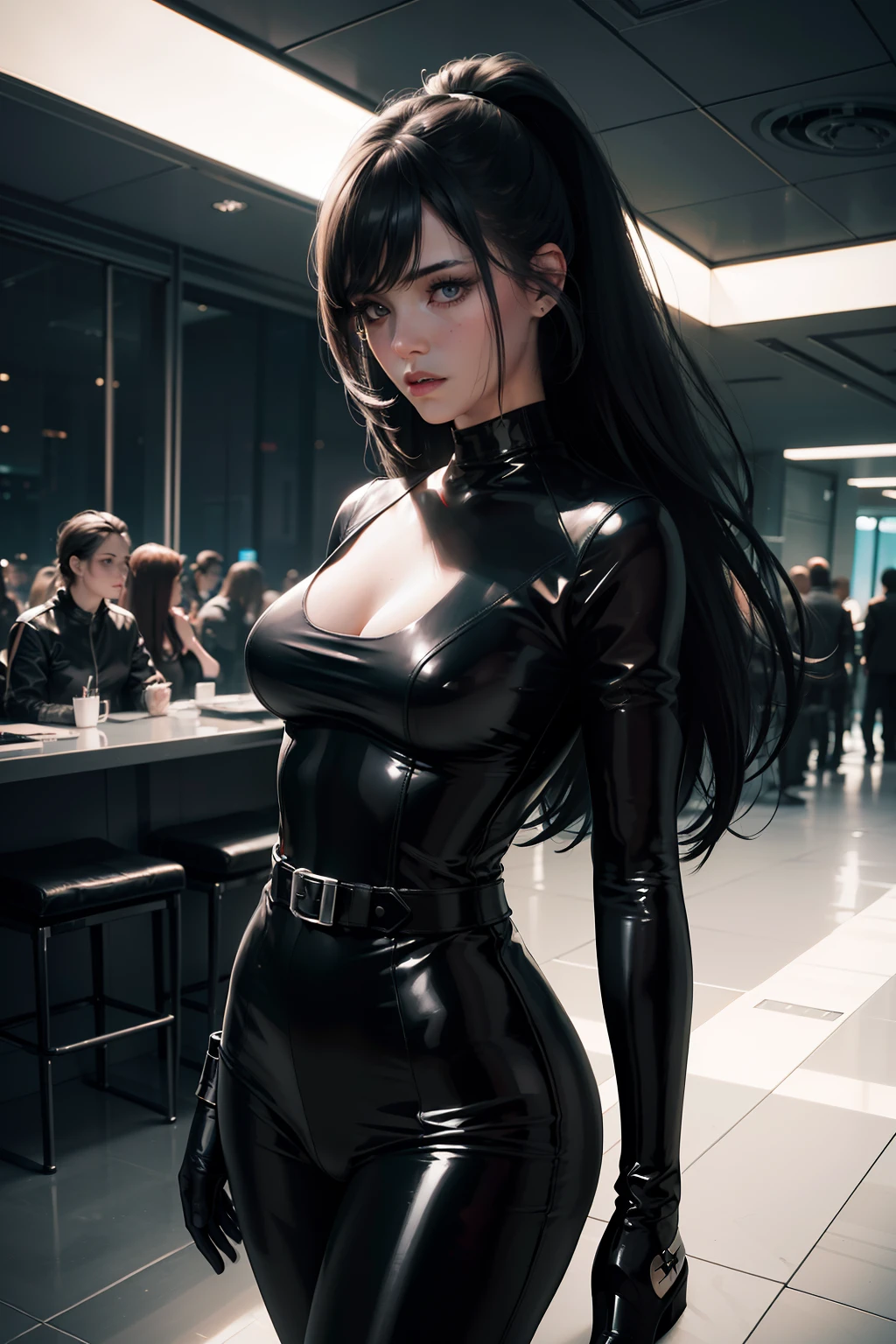 best quality,(RAW photo:1.2),(masterpiece:1.4),(photorealistic:1.4),(highres:1.4), 1girl, depth of field, flight attendant, intricately detailed,8k, extremely detailed, perfect lighting, epic background, solo, super fine photo, portrait digital art Unreal Engine 5 8K UHD of a girl, concept art, character concept design, fetish clothing, rubber clothes, wearing black latex bodysuit with straps and belts, long white latex gloves with straps, latex high heels, long hair, seduce face, cyberpunk fashion design, walking in futuristic town, night time background, best quality, masterpiece, super detailed, sharp focus, female pose