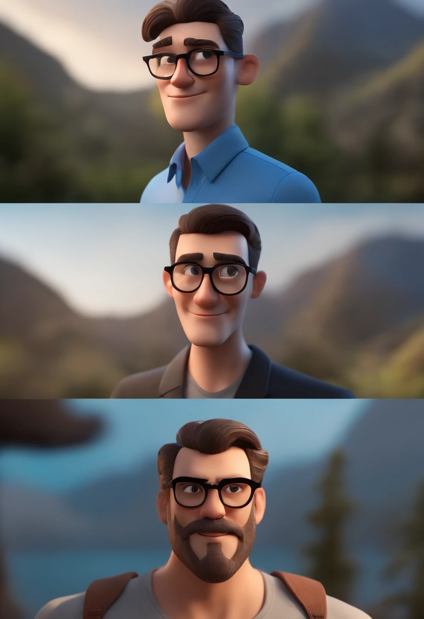 Cartoon character of a man wearing black glasses and a blue shirt, um personagem animado, Caractere estilizado, animation style rendering, 3D estilizado, Arnold Maya render, 3 d render stylized, toon render keyshot, Personagem 3D, Personagem 3D, 3d rendering stylized, 3 d character render, personagem de desenho animado, Personagem de close up, Pose de personagem, (Estilo Pixar) (master part:1.2) (Bokeh) (best quality) (pele detalhada) (textura detalhada) (8k) (argila) (Cinematic lighting) (foco nítido,Senta e vaza a parte superior do corpo