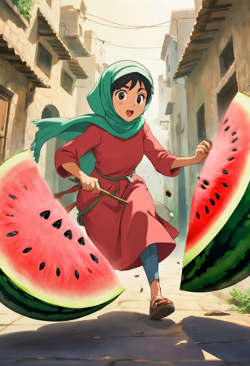 PLEASE MAKE A CARTOON ANIMATION OF PALESTINIANS ATTACKING ISRAEL WITH WATERMELON! IN VIDEO FORM. Cartoon man wearing a turban and woman wearing a hijab, typical Palestinian cartoon face and attacking Israel with a watermelon. A bomb warfare tool that replaces bombs with watermelons. IN VIDEO