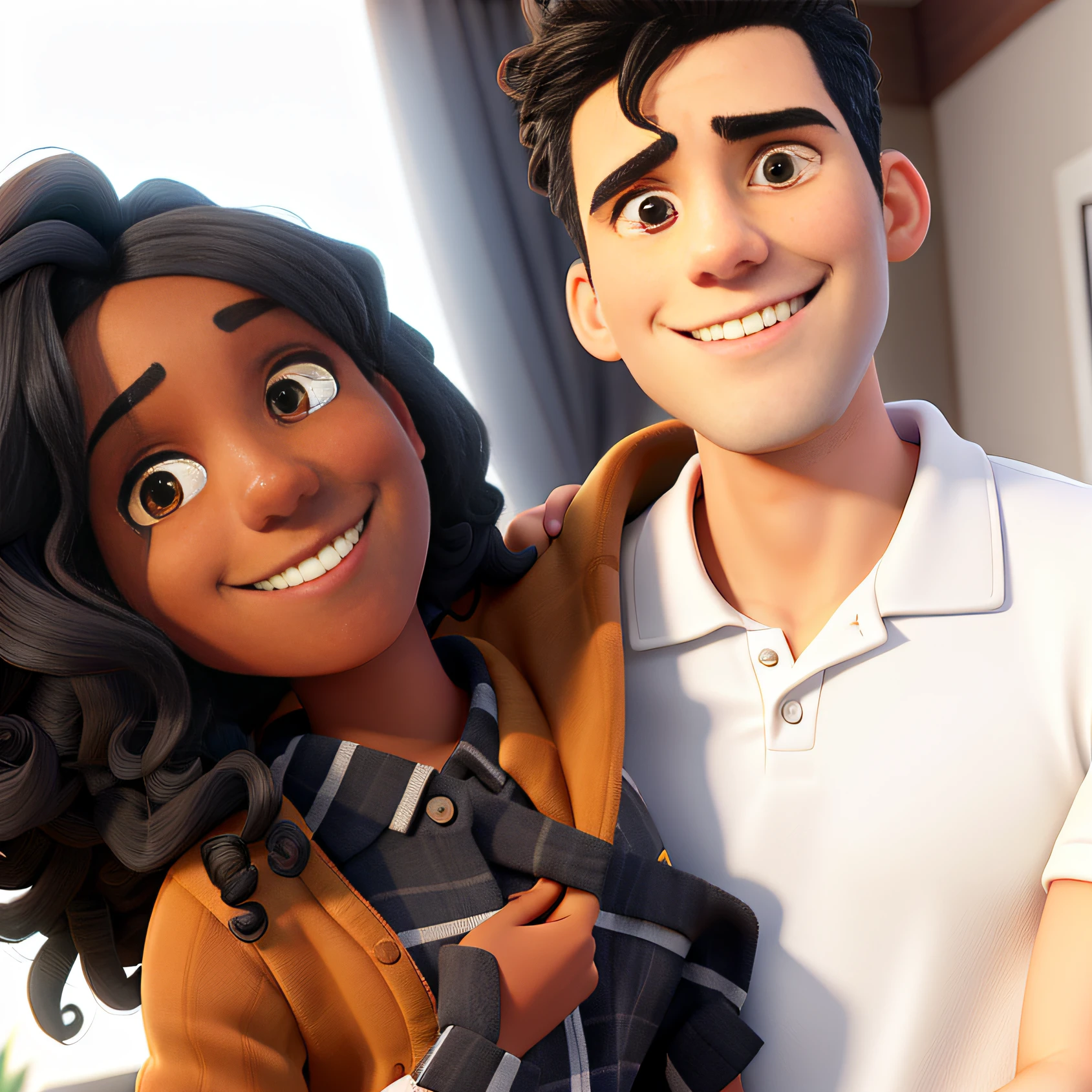 a man and a woman embracing, Smiling and with a runner behind her, Woman with her arms behind her, with black curly hair, black skin, black eyes. Man with his arm over the woman's shoulder, straight hair, quiff hair, white skin, brown eyes