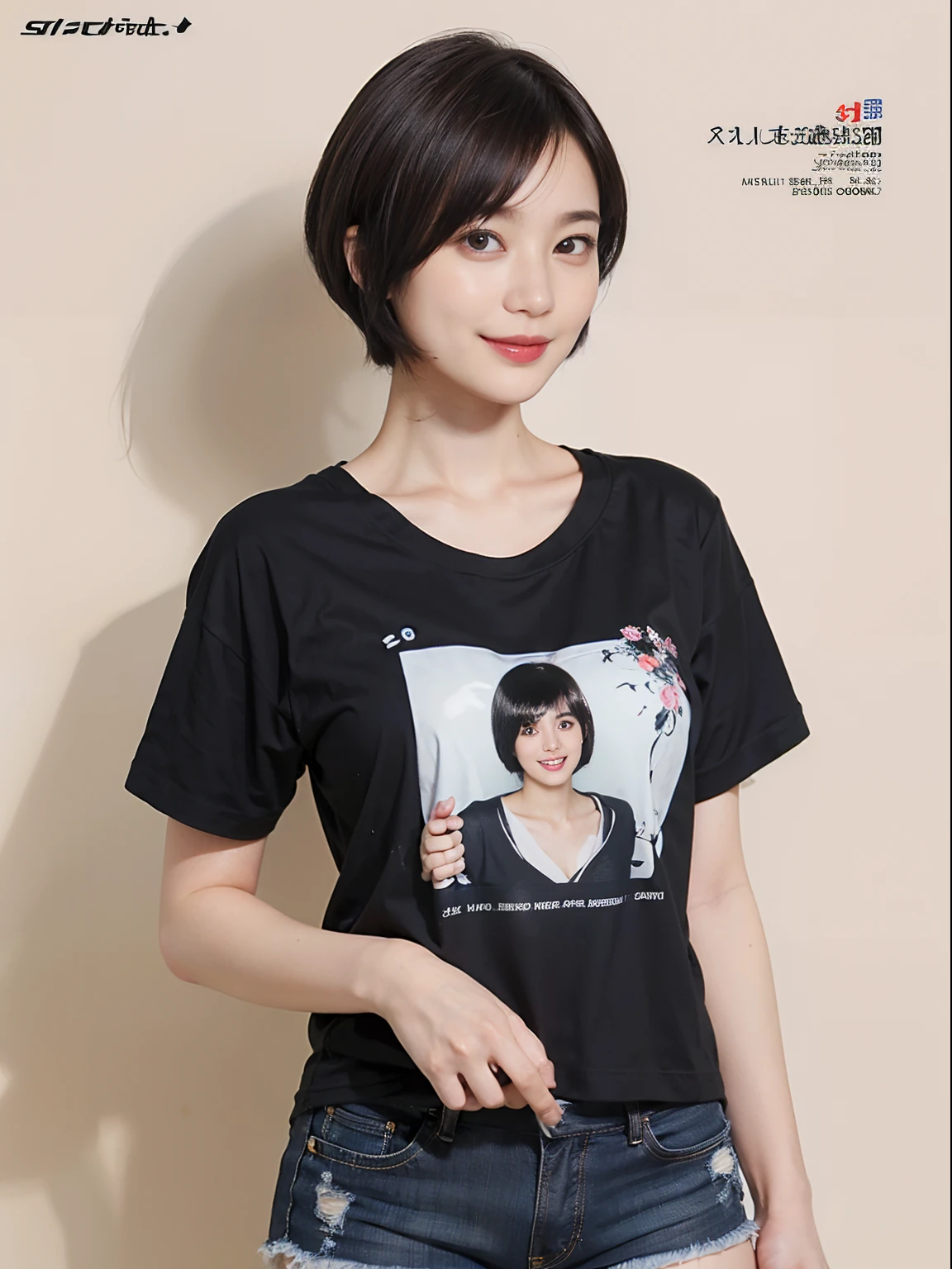 85
(a 20 yo woman,is standing), (A hyper-realistic), (masutepiece), ((short-hair:1.46)), (Smooth black hair), (Breast:1.0), (kindly smile), Wearing shorts, (Wear a T-shirt with a character design print), (Beautiful skin:1.5)
