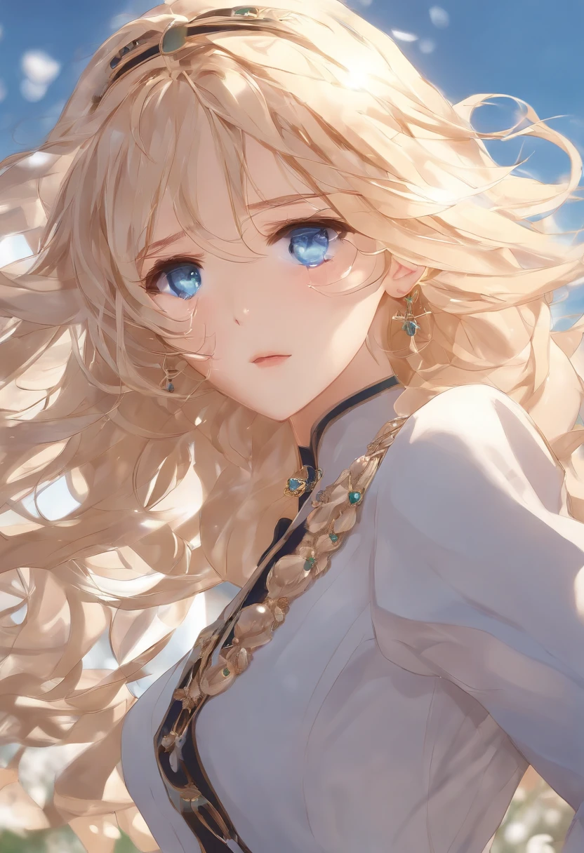 (dynamic angle:1.3),extreme closeup,windy,cinematic highlight,1girl,upper body,dacing,looking at viewer, violet_evergarden, solo, jewelry, blank eyes,brooch, blonde_hair,( vevry long hair:1.2),floating hairlong_sleeves, ribbon, blue_eyes, jacket, dress, gem, hair_ribbon,sky, depth_of_field, a close view of flying petal,