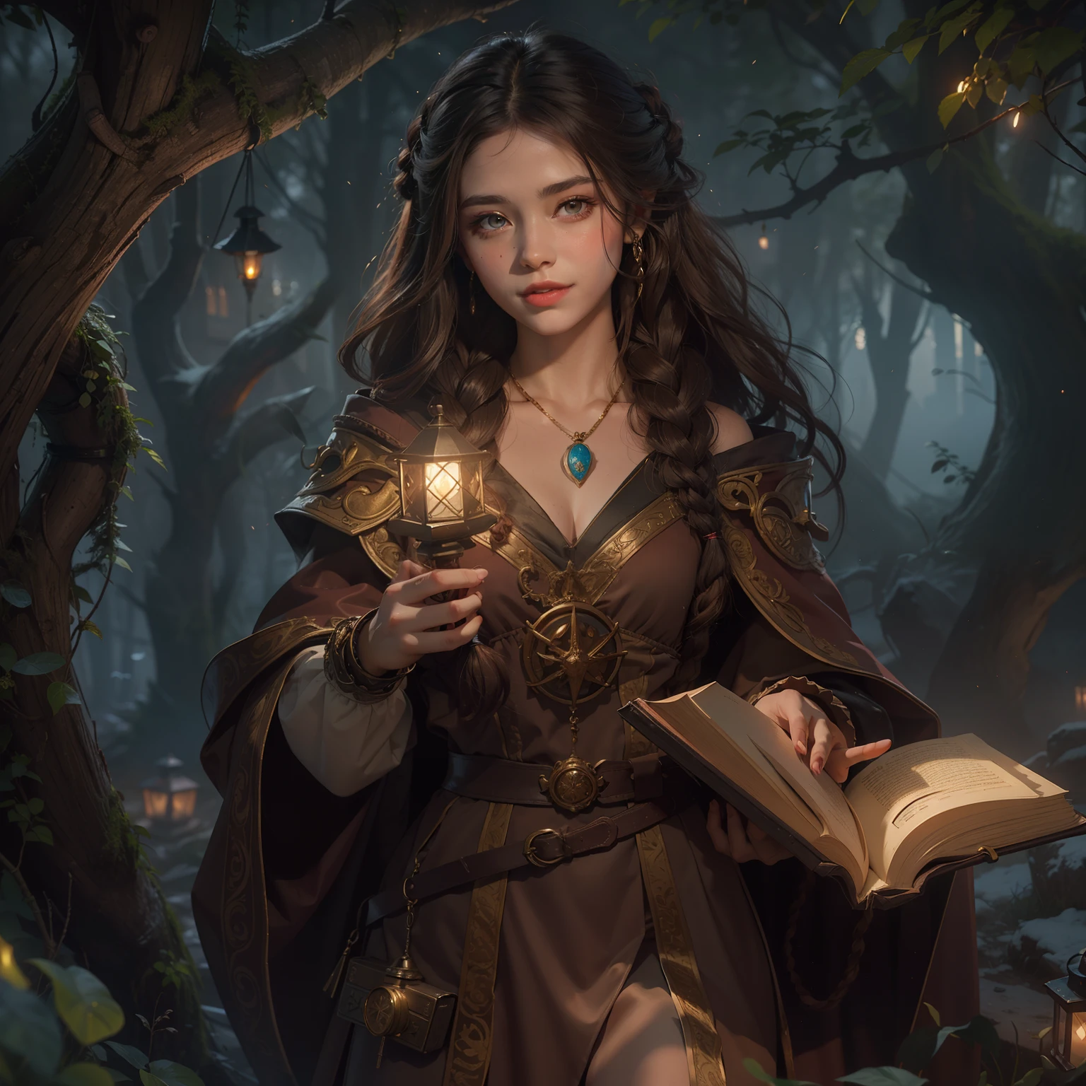 masterpiece, best quality, ultra-detailed, Female sorceress, hazel eyes, icy eyes, She has a cold smile on her mouth, magic book in her right hand, In her left hand hangs a small lantern, dark curly hair parted and down in two braids, modest brown dress, reddish brown braided sandals, Deep moss-colored damaged cloak over her shoulders,