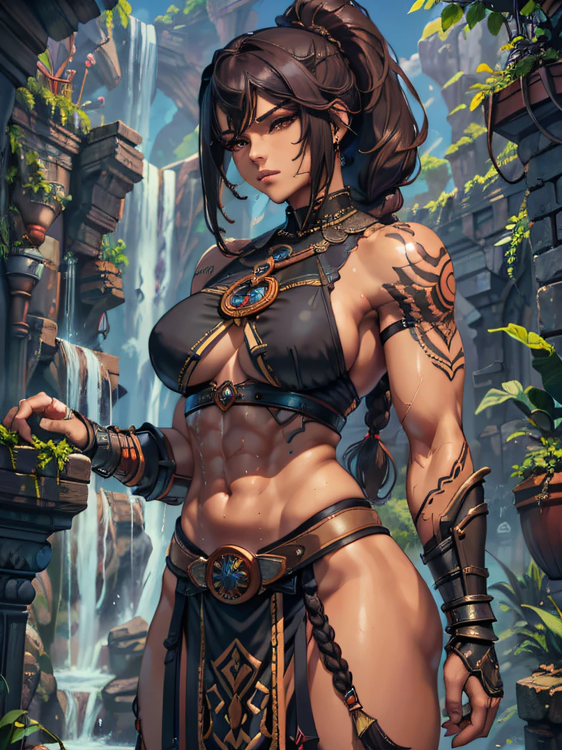 ((masterpiece、top-quality、ultra-detailliert、hight resolution、foco nítido))、1girl in、a matural female、Perfect big eyes、face perfect、Strong physique、bustshot、Savage woman、length hair、poneyTail、Bored look、pompadour cut、Braids、(Warrior armor)、a belt、lanyard、gauntlets、Brown-skinned、Skindentation、The tattoo、Large scars、Muscle prominence々、tones、a navel、Developed abs、Sweat-soaked skin、thick thight、broad shoulders、Arm muscles、Leg muscles、Bewitching makeup、Fantasia、Detailed outdoor background、Look at viewers、Detailed hand depiction