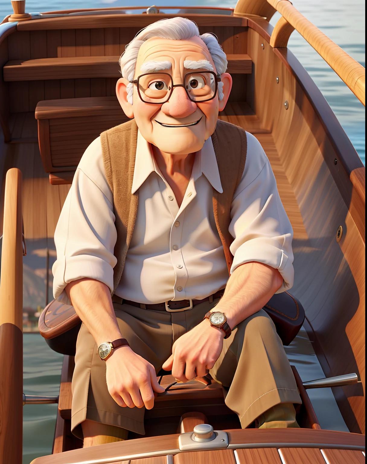 A wise old man cruising in a boat