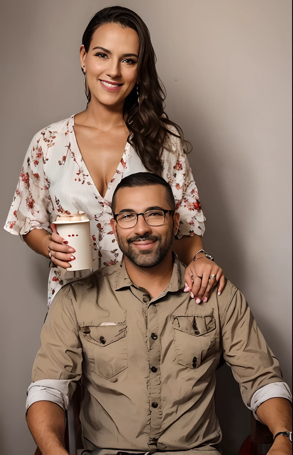 Smiling man and woman sitting on a chair with a cup of coffee, retrato de casais, Retrato de duas pessoas, foto retrato, Directed by: Nandor Soldier, foto comercial, photo shoot, advertising photo, Casal feliz, fotografia promocional, foto promocional, Foto promocional, taken in the early 2020s, retrato de casal, Family photo, Obra-prima aclamada