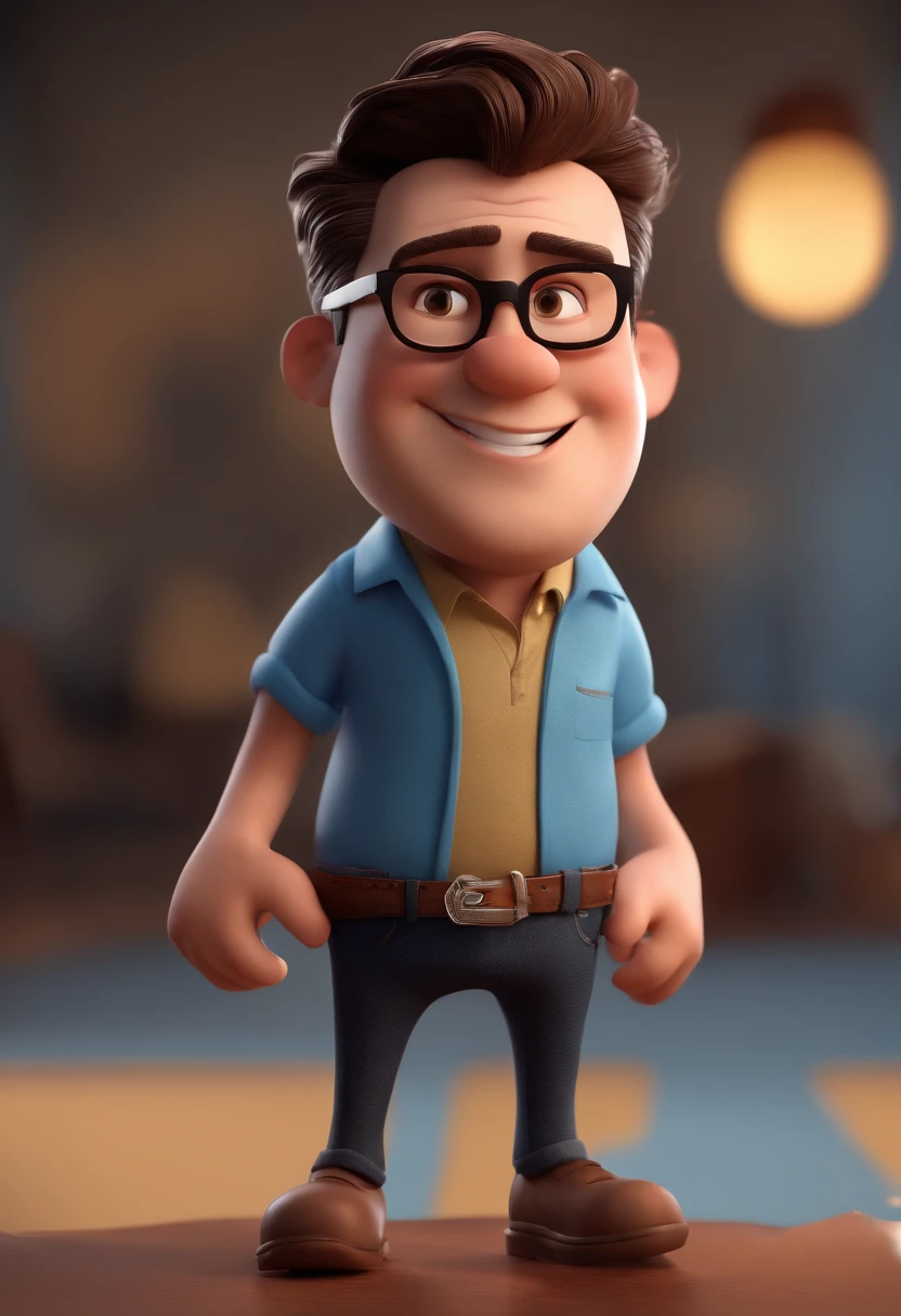 Cartoon character of a man with black glasses and a blue shirt, animation character, Caractere estilizado, animation style rendering, 3D estilizado, Arnold Maya render, 3 d render stylized, toon render keyshot, Personagem 3D, Personagem 3D, 3d rendering stylized, 3 d character render, personagem de desenho animado, Personagem de close up, Pose de personagem, (Estilo Pixar) (master part:1.2) (Bokeh) (best quality) (pele detalhada) (textura detalhada) (8k) (argila) (Cinematic lighting) (foco nítido
