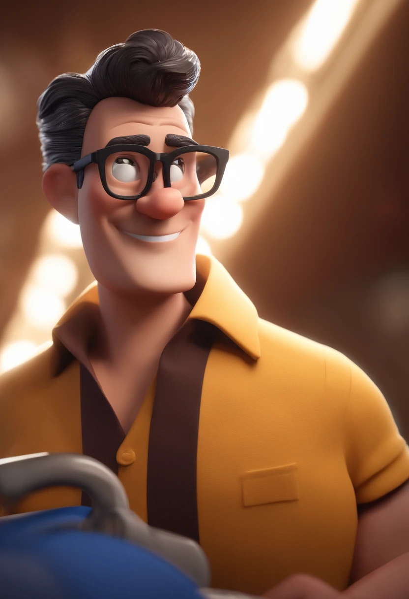 Cartoon character of a man with black glasses and a blue shirt, animation character, Caractere estilizado, animation style rendering, 3D estilizado, Arnold Maya render, 3 d render stylized, toon render keyshot, Personagem 3D, Personagem 3D, 3d rendering stylized, 3 d character render, personagem de desenho animado, Personagem de close up, Pose de personagem,  (Estilo Pixar) (master part:1.2) (Bokeh) (best quality) (pele detalhada) (textura detalhada) (8k) (argila) (Cinematic lighting) (foco nítido