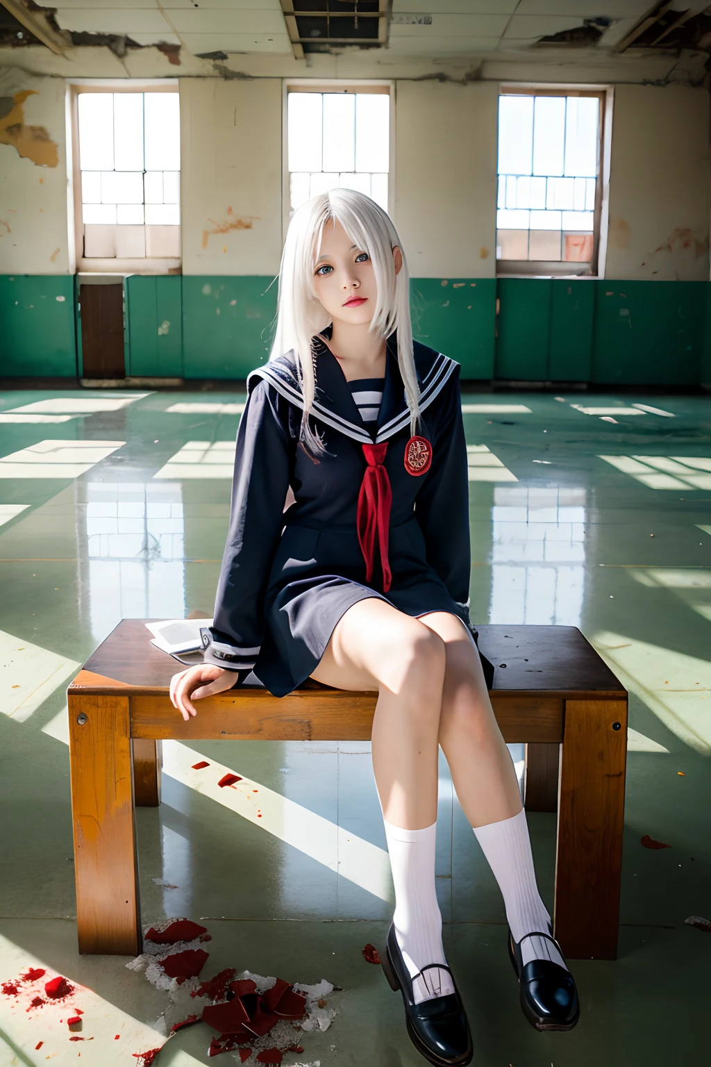 masterpiece、masutepiece、high-level image quality、Realistic、Sitting in an abandoned school、Red-eyed girl、White hair、white hair、Wearing a black sailor suit、clong legs、Model body type、bleeding from the eyes,、Sitting in an abandoned school、