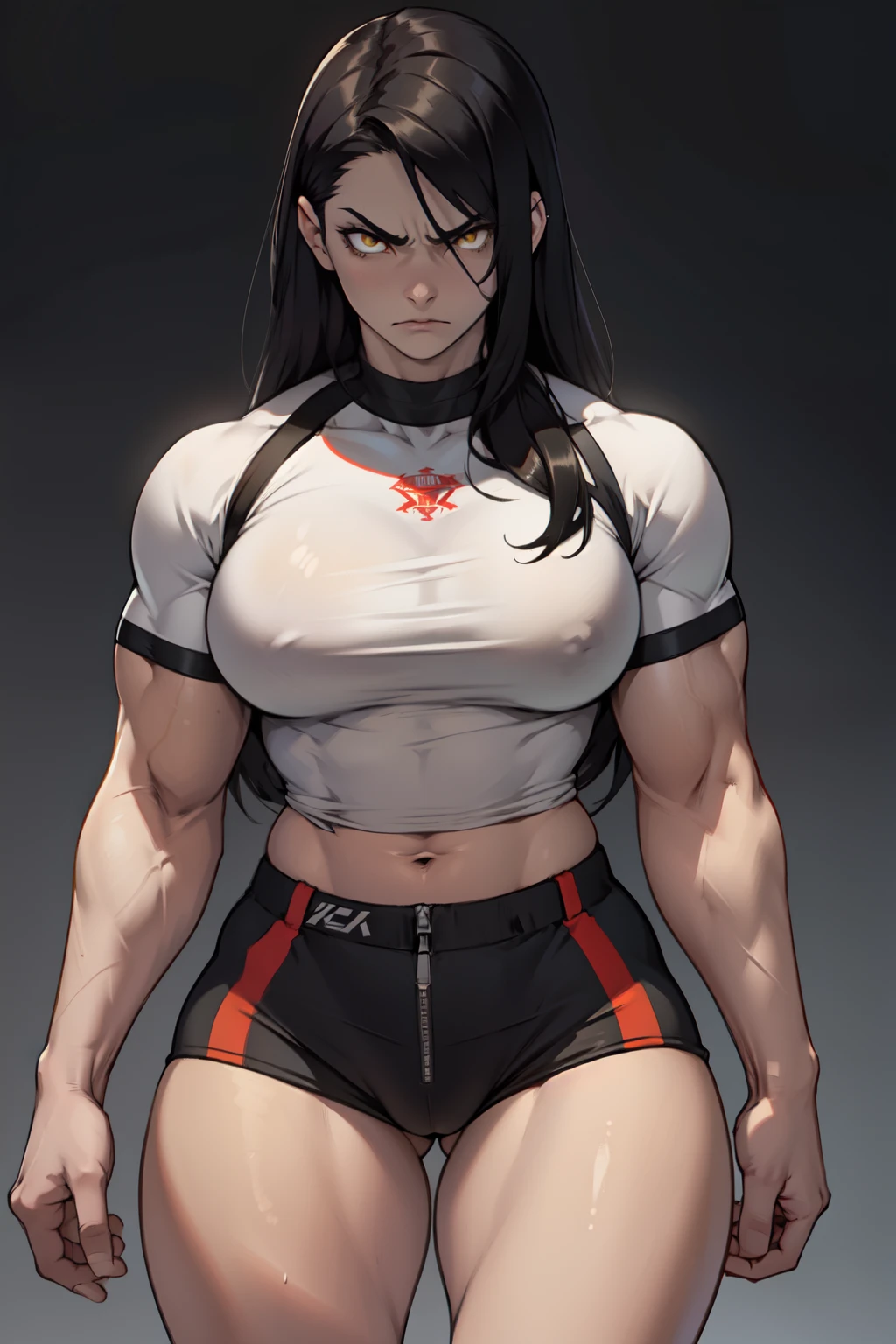((1girl)) pale skin large breasts (muscular) toned body thick thighs black hair yellow eyes (long hair grey background) bodybuilder angry tight shirt